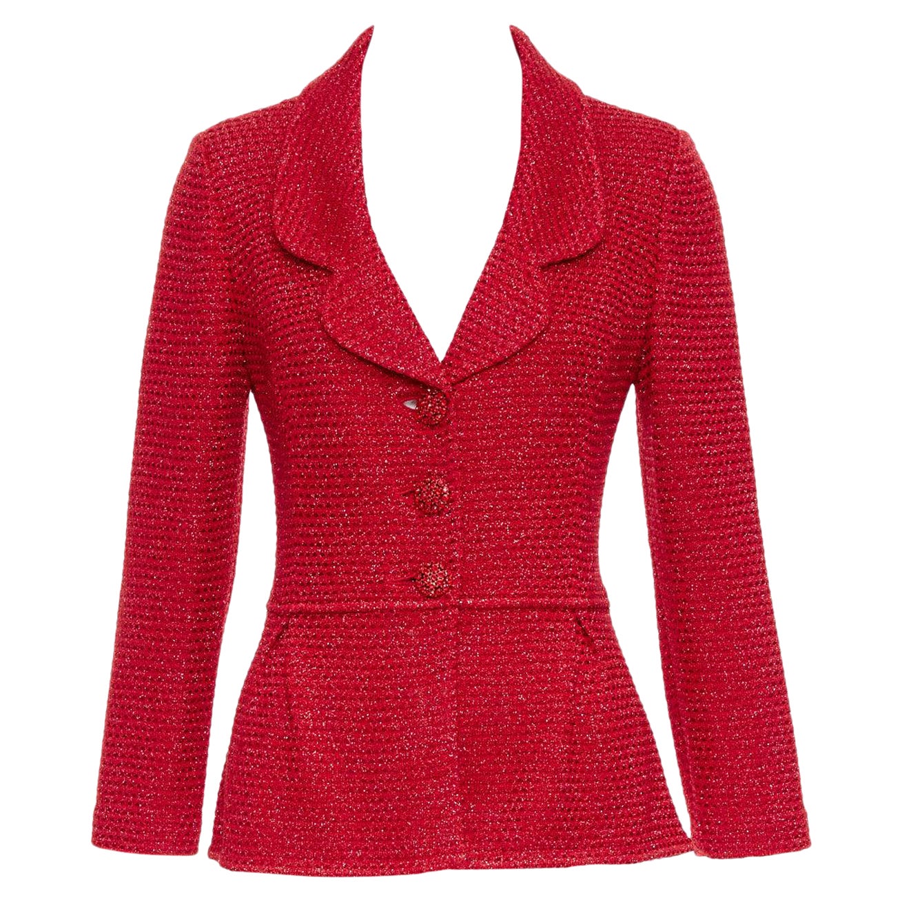 ST JOHN COUTURE blazer peplum in tweed metallico rosso con bottoni di cristallo US6 M.
