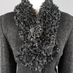 ST. JOHN COUTURE Size 10 Black Tinsel Tweed Scarf Collar Jacket