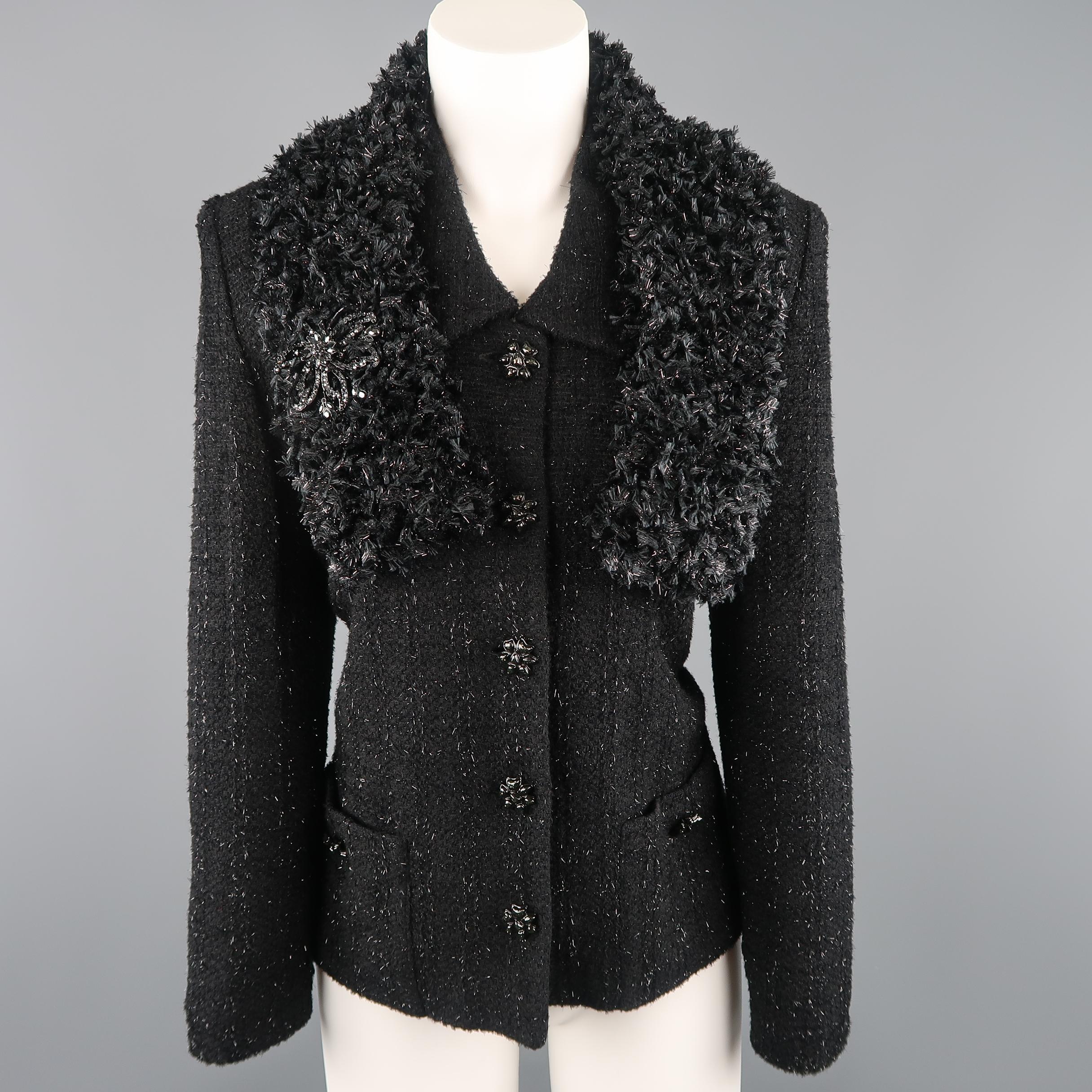 ST. JOHN COUTURE Size 10 Black Tinsel Tweed Scarf Collar Jacket In Excellent Condition In San Francisco, CA