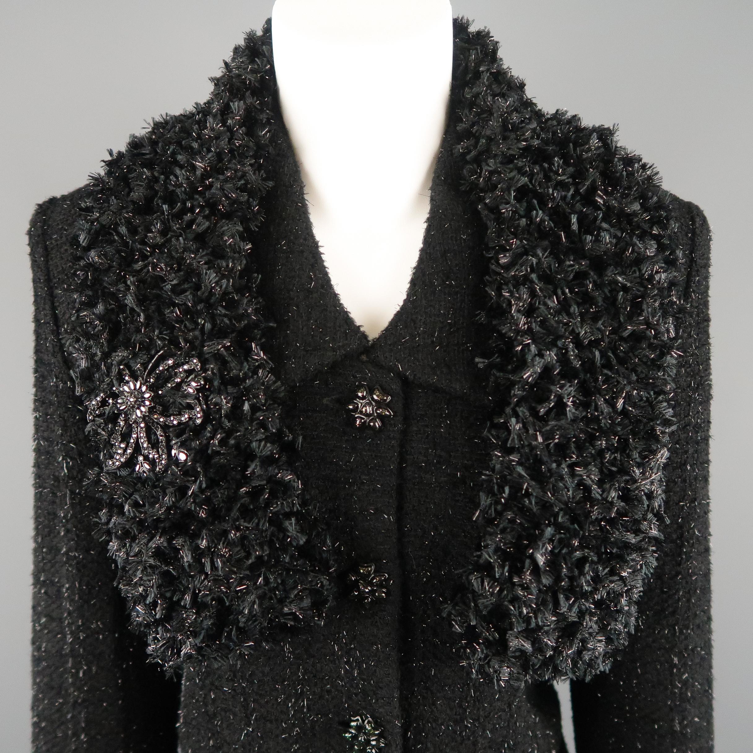 Women's ST. JOHN COUTURE Size 10 Black Tinsel Tweed Scarf Collar Jacket