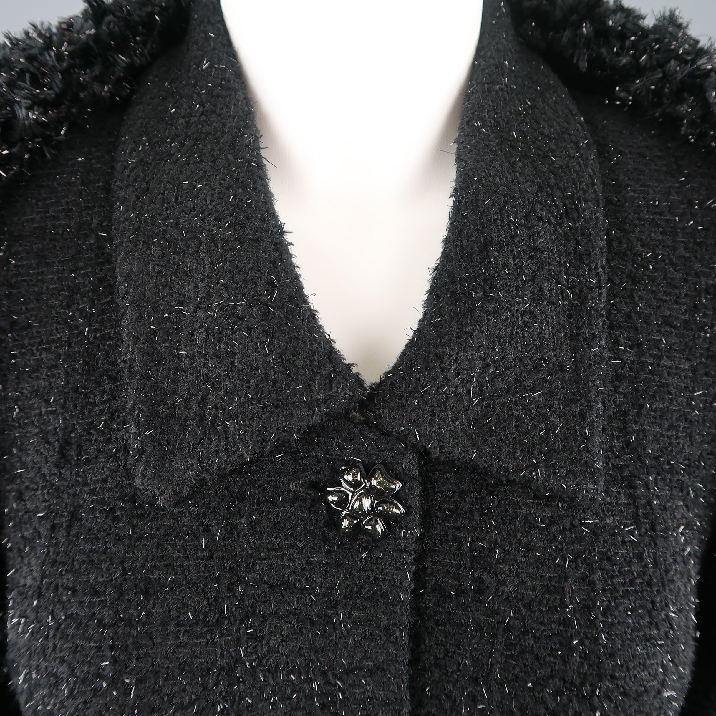 ST. JOHN COUTURE Size 10 Black Tinsel Tweed Scarf Collar Jacket 1