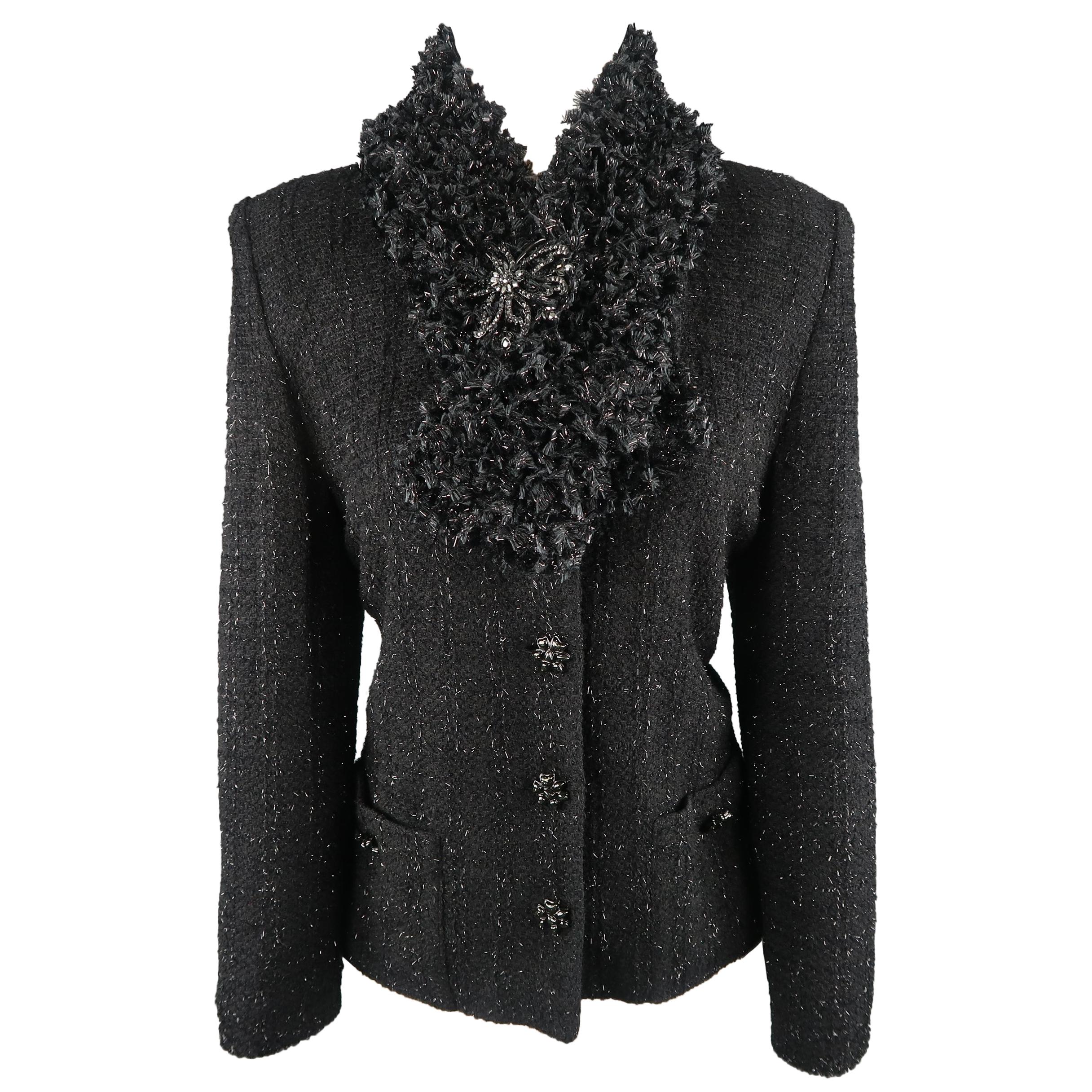ST. JOHN COUTURE Size 10 Black Tinsel Tweed Scarf Collar Jacket