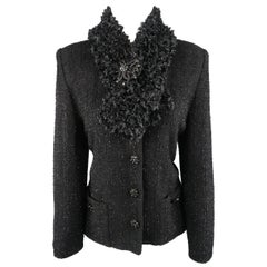 Vintage ST. JOHN COUTURE Size 10 Black Tinsel Tweed Scarf Collar Jacket