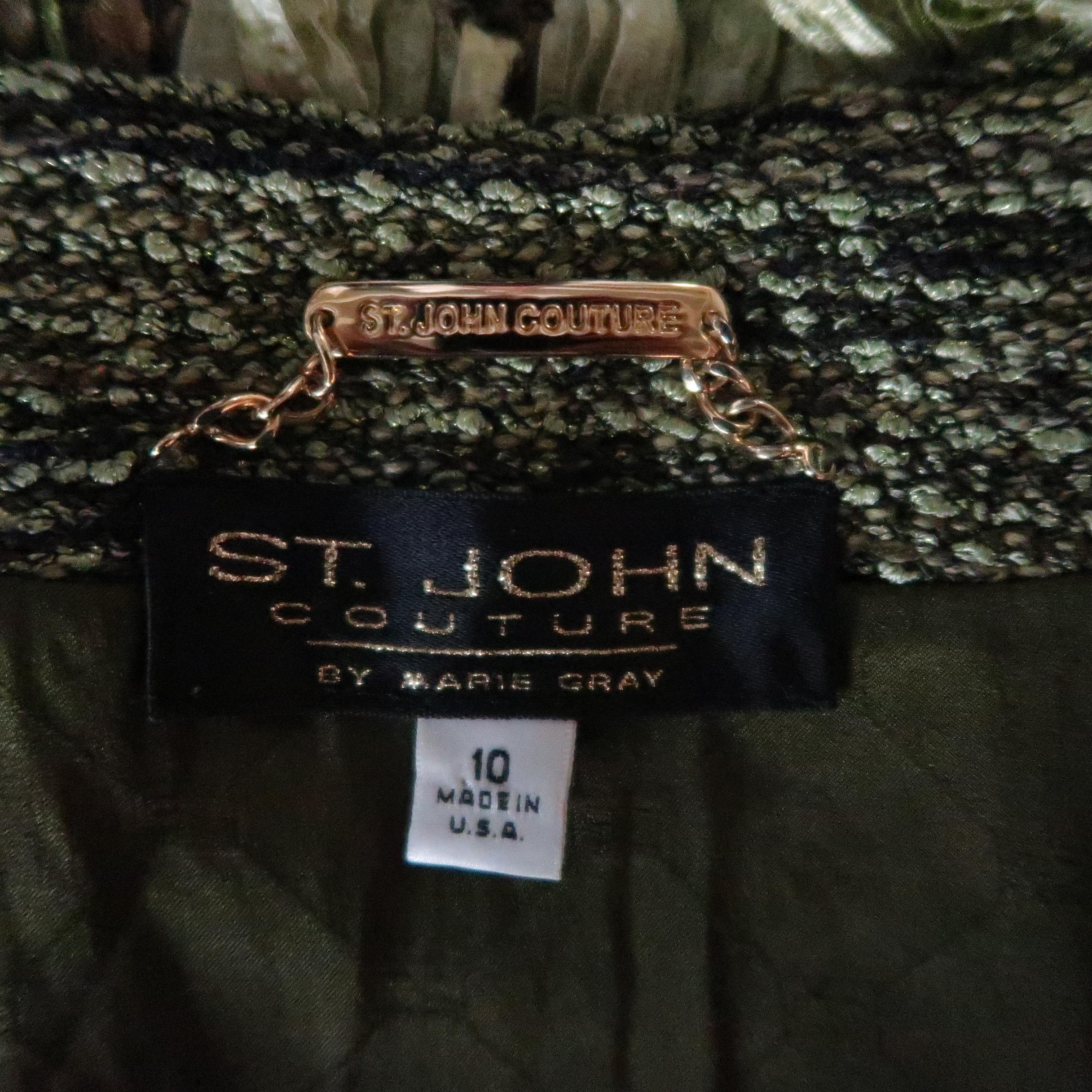 ST. JOHN COUTURE Size 10 Green Boucle Fringe Trim V Neck Jacket 4
