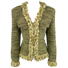 Vintage ST. JOHN COUTURE Size 10 Green Boucle Fringe Trim V Neck Jacket