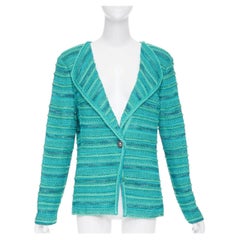 ST JOHN COUTURE turquoise blue multi knit strass button cardigan US14 3XL