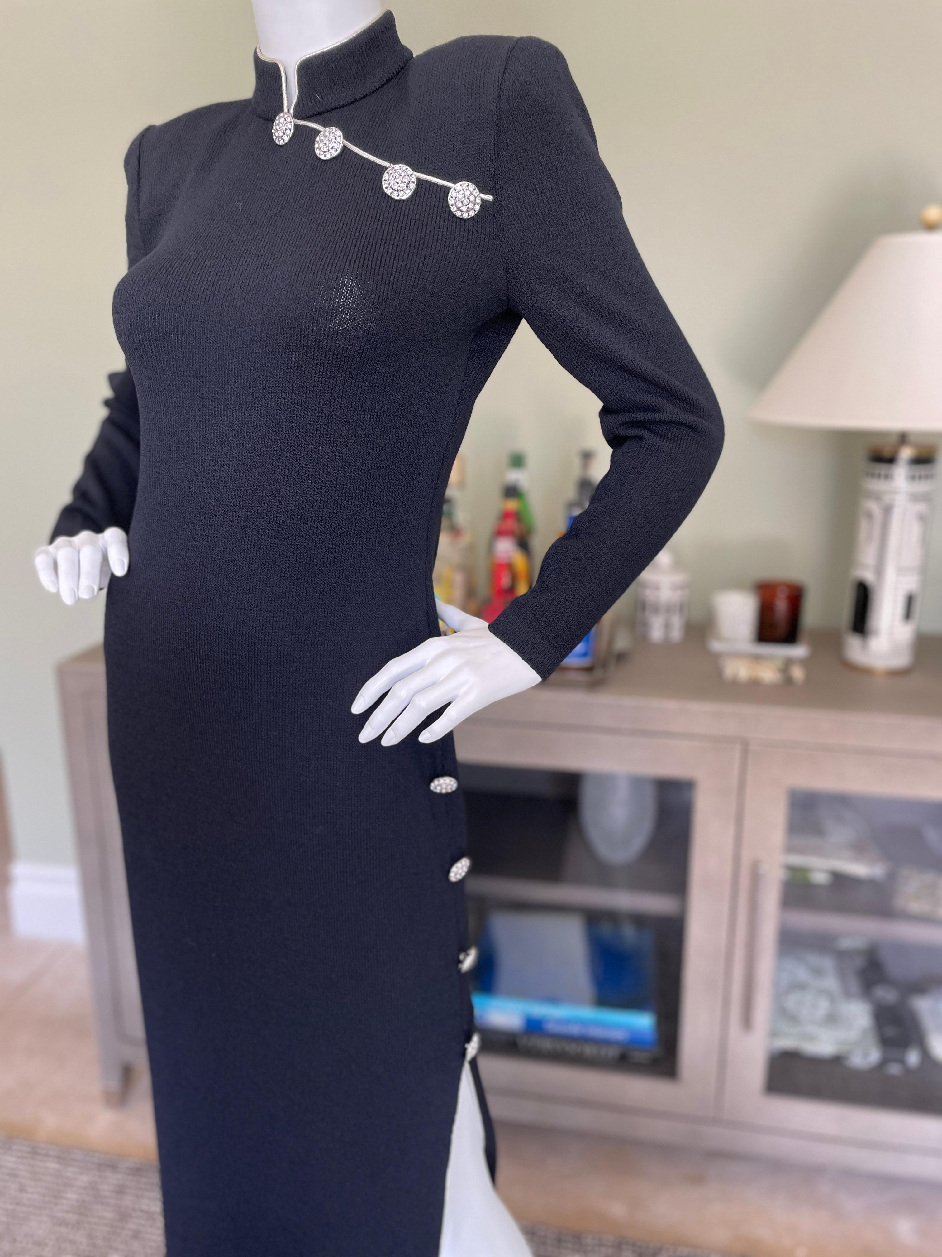 St John Evening by Marie Gray Vintage Black Santana Knit Cheongsam Style Dress
  This is so pretty. There is a lot of stretch.
Crystal accented buttons with a high side slit.
 Size 6
 Bust 34