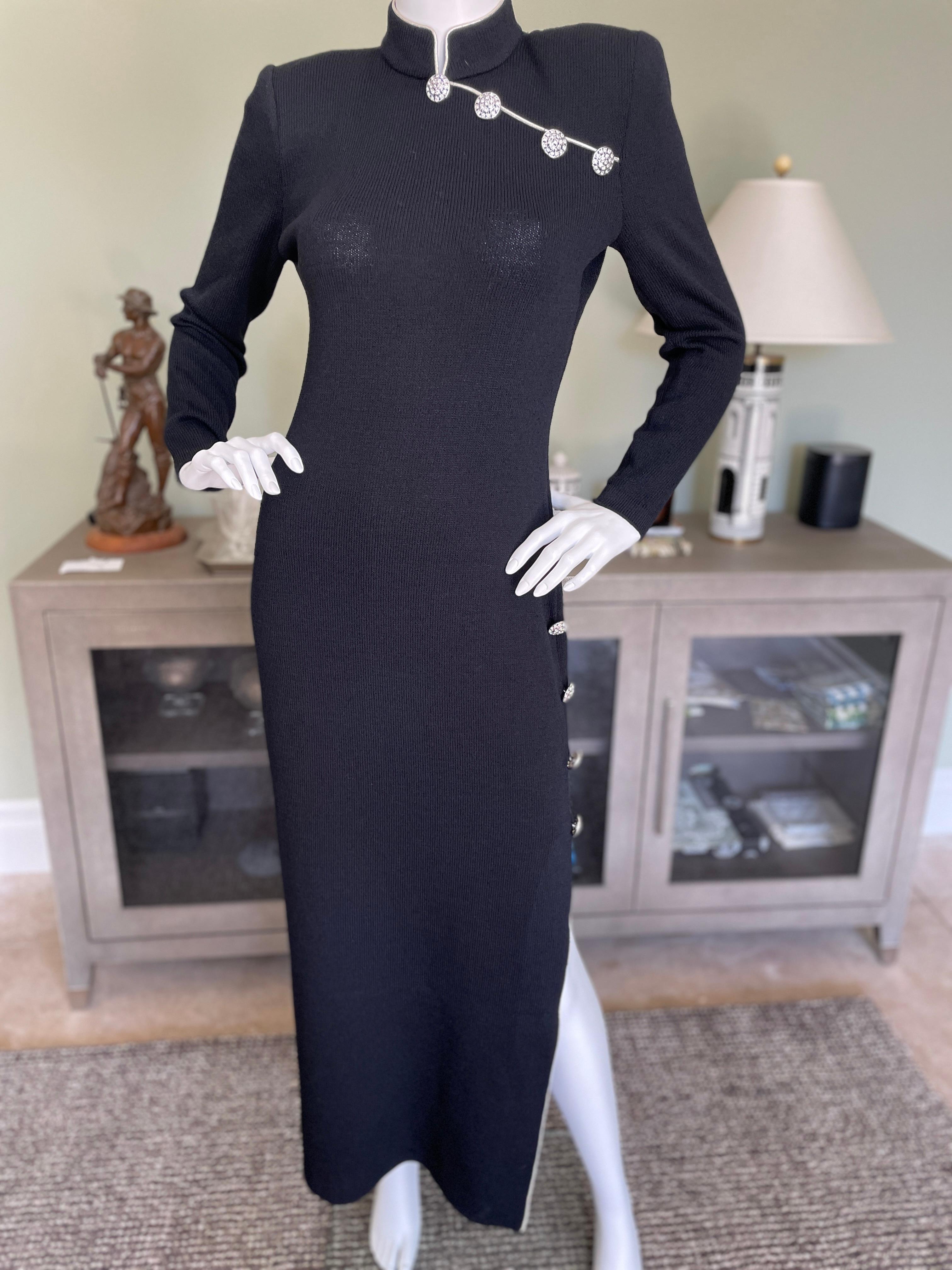St John Evening by Marie Gray Vintage Black Santana Knit Cheongsam Style Dress In Excellent Condition In Cloverdale, CA
