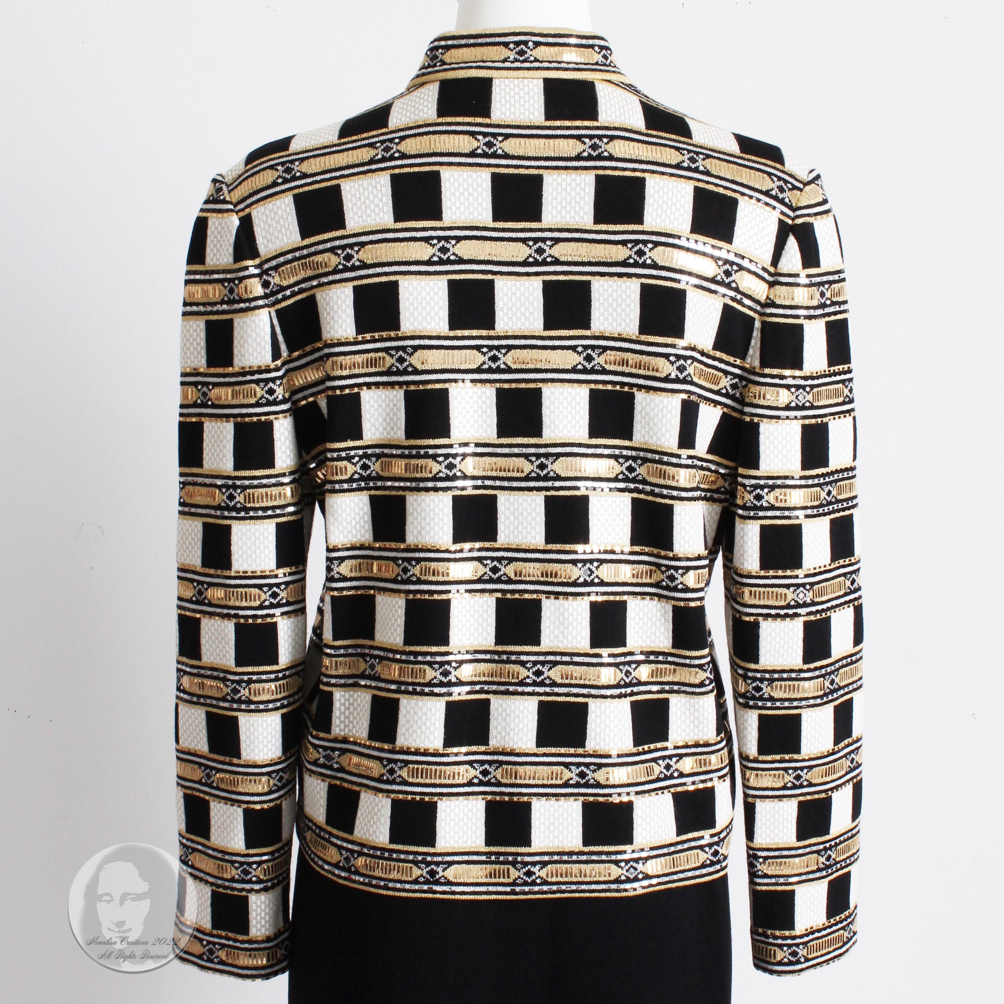 St John Evening Jacket Embellished Knit Gold Black White Zip Front Vintage Sz 10 For Sale 2
