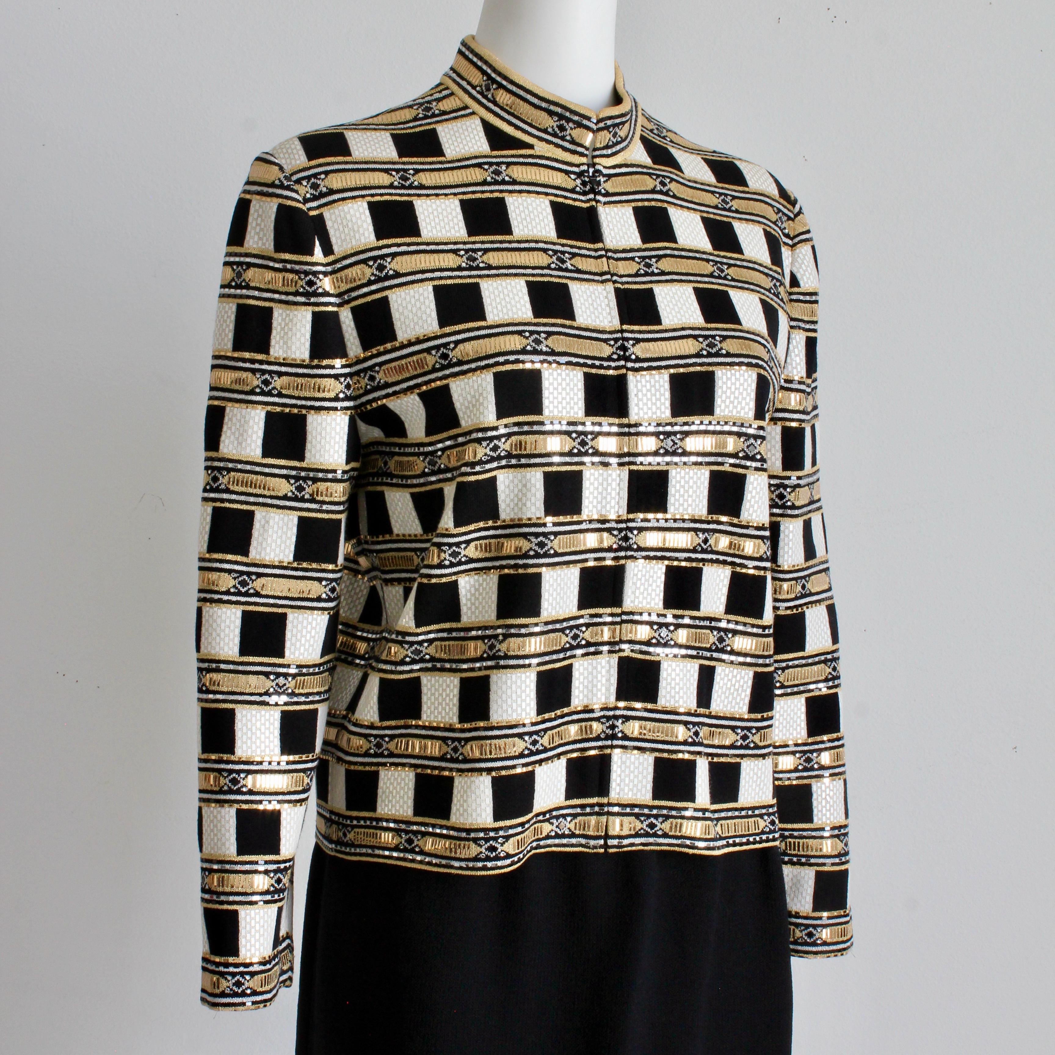 Authentic, preowned, vintage St John Evening Jacket, likely made in the 90s. Made from their signature Santana knit in black, this box-cut jacket is embellished throughout with gold and white paillettes, so chic! Zipper front/unlined/wool blend/dry