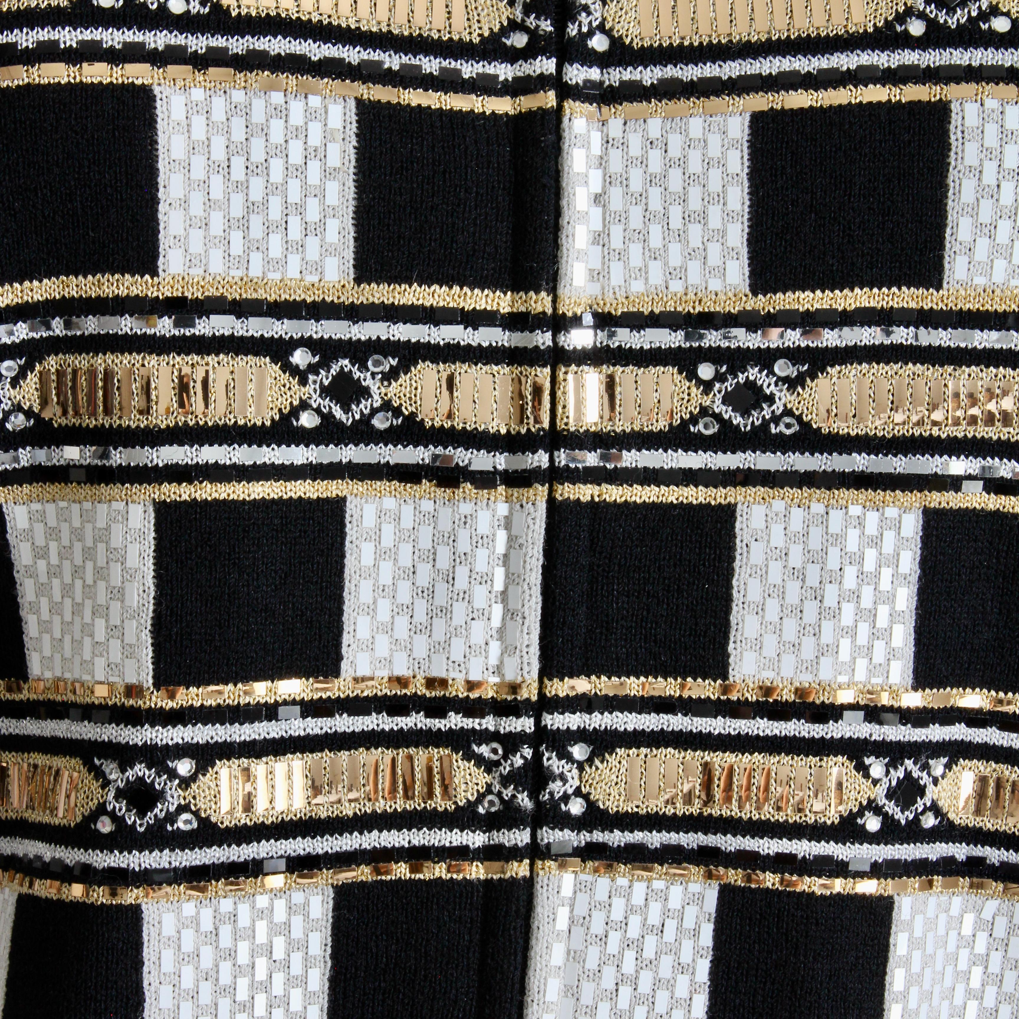 I Johns Evening Jacket Embellished Knit Gold Black White Zip Front Vintage Sz 10 Unisexe en vente