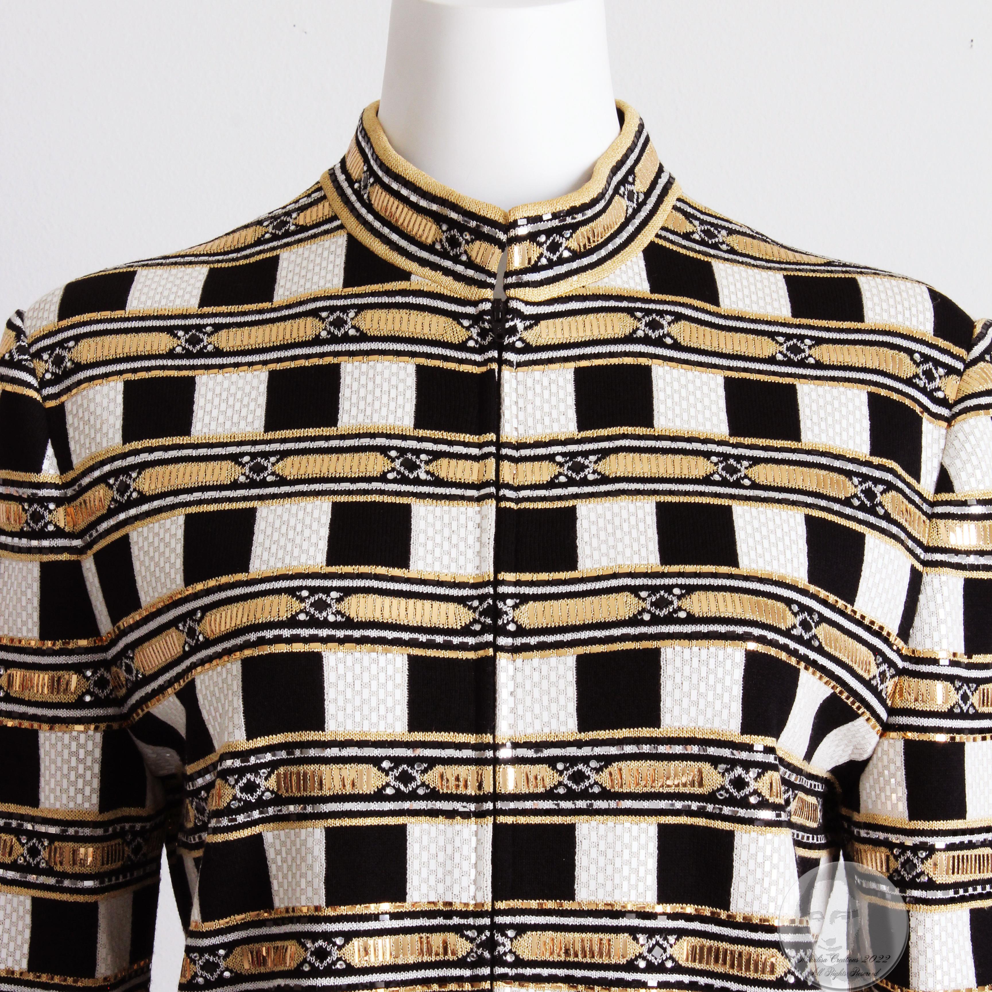 Women's or Men's St John Evening Jacket Embellished Knit Gold Black White Zip Front Vintage Sz 10 For Sale