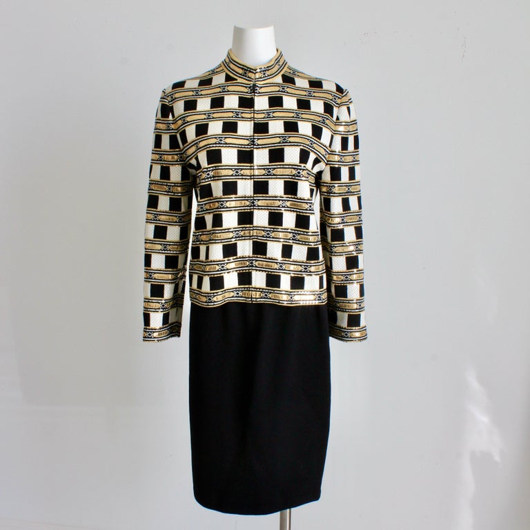 St John Evening Jacket Embellished Knit Gold Black White Zip Front Vintage Sz 10 For Sale at 1stDibs st. john evening st john jacket vintage st john white jacket