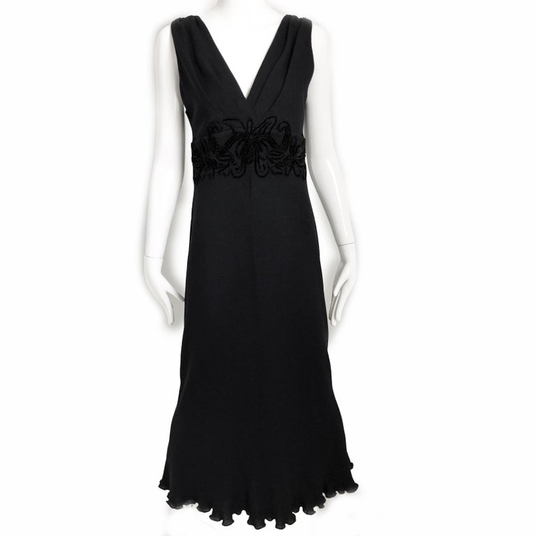 St John Evening Long Black Knit Dress Gown Embellished Waist Size 6 For