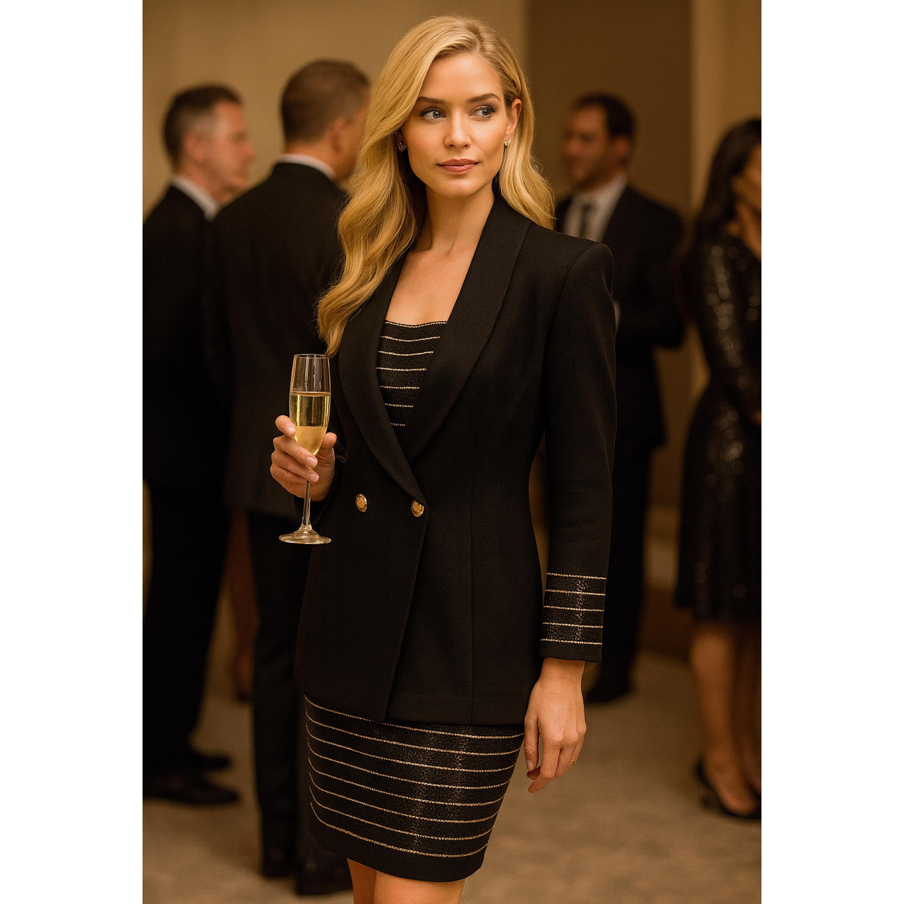 St. John Evening Santana Knit Black Gold Embellished 2pc Jacket & Skirt Suit 6 (Schwarz) im Angebot