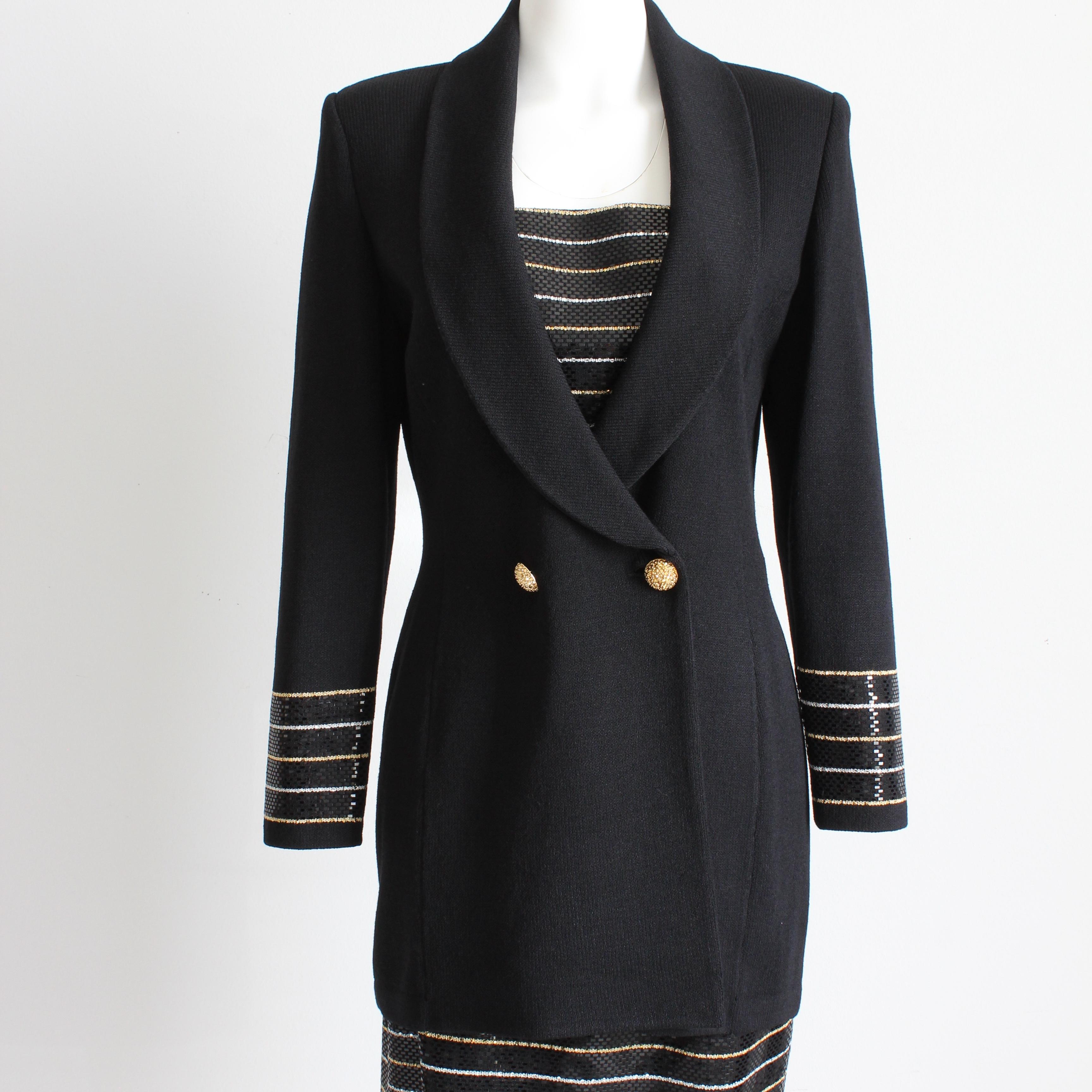 St. John Evening Santana Knit Black Gold Embellished 2pc Jacket & Skirt Suit 6 im Zustand „Gut“ im Angebot in Port Saint Lucie, FL