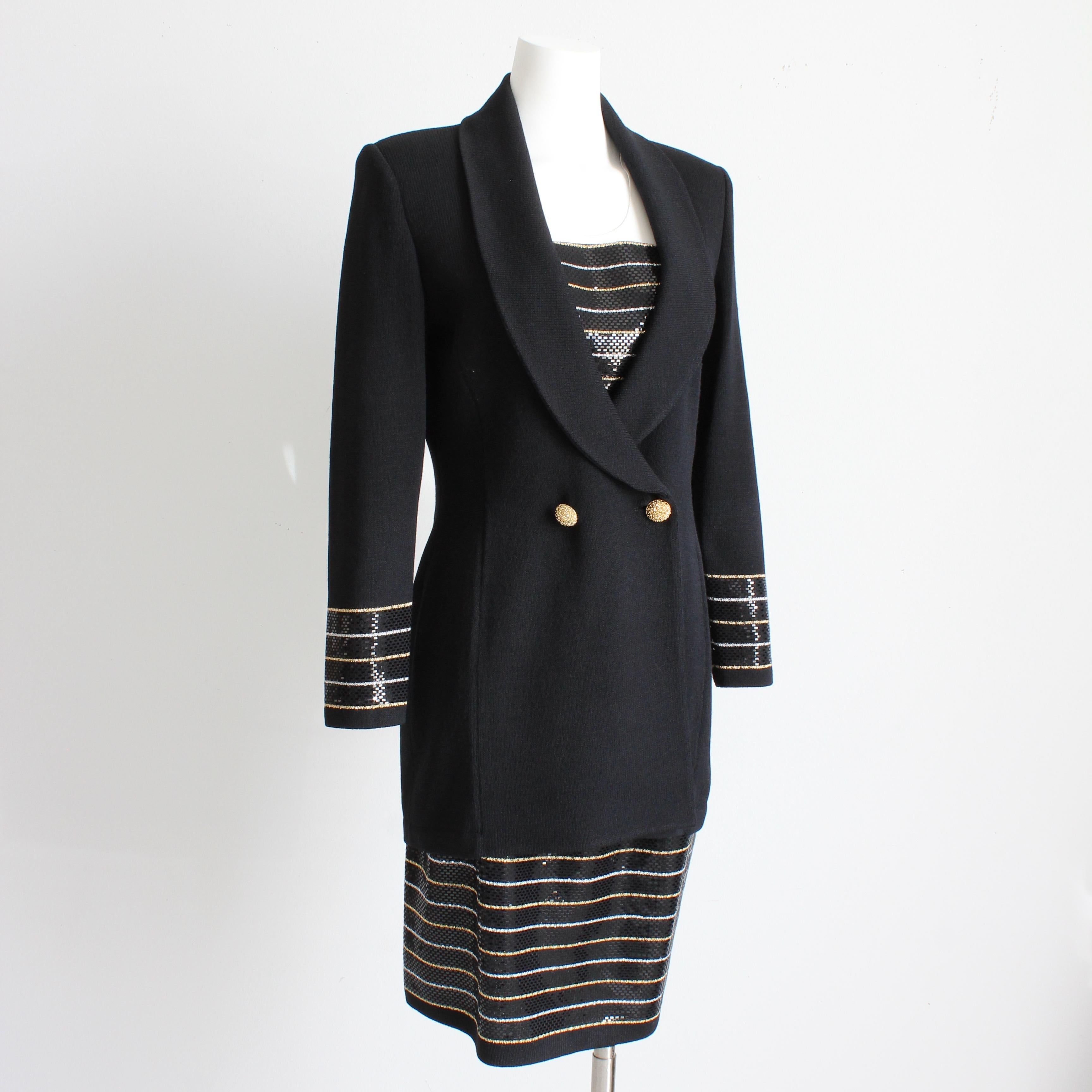 St. John Evening Santana Knit Black Gold Embellished 2pc Jacket & Skirt Suit 6 Damen im Angebot