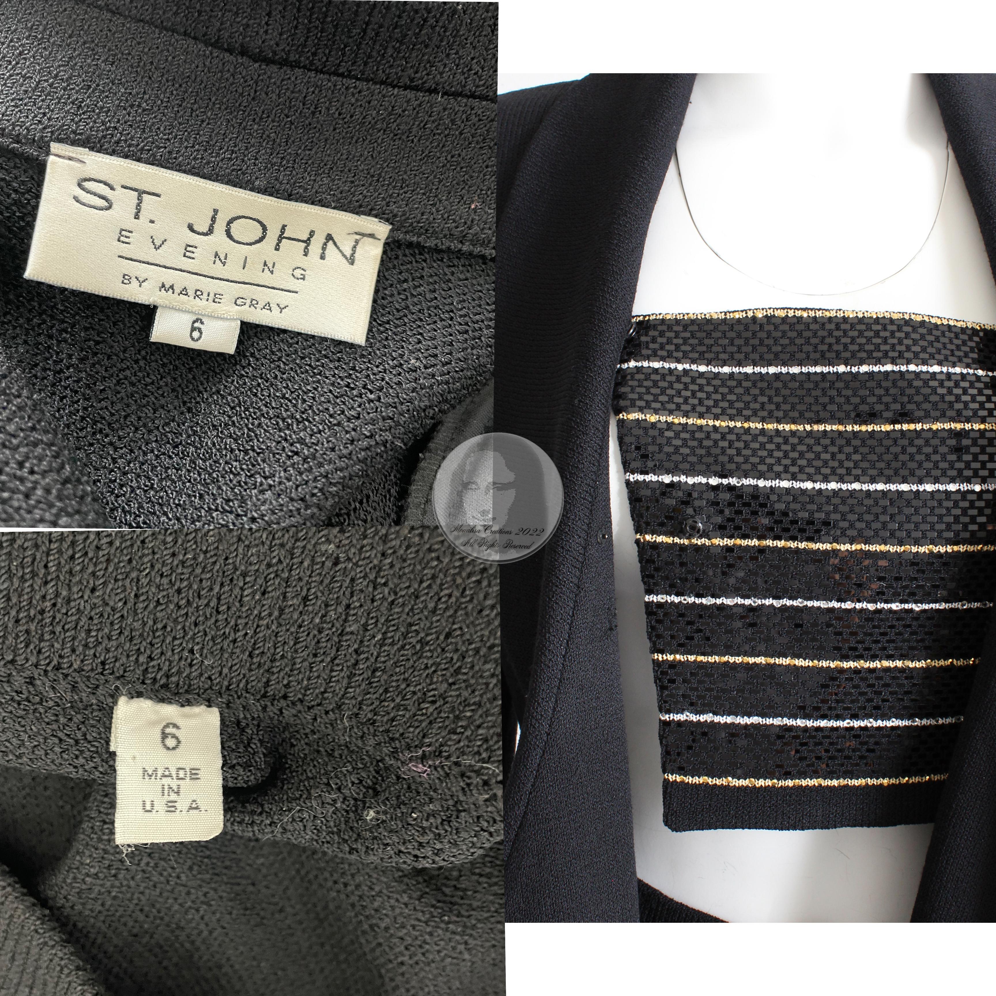 St John Suit Evening 2pc Jacket & Skirt Embellished Knit Black Gold White Sz 6  For Sale 5
