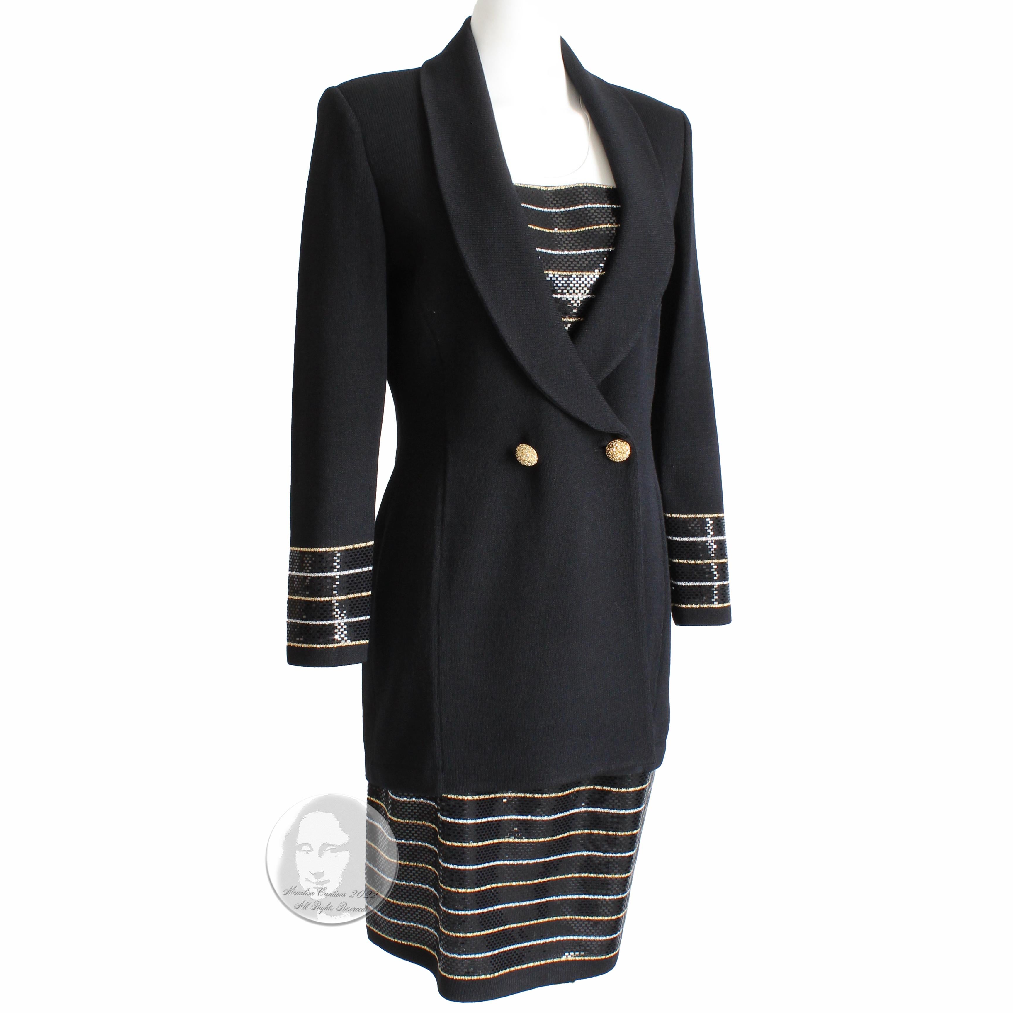 Authentic, preowned, vintage St John Evening suit, 2pc Jacket and Skirt, likely made in the 90s. Made from black Santana knit, the jacket has a chic shawl collar and is embellished at the sleeve cuffs. It features a snap-in (and removable)
