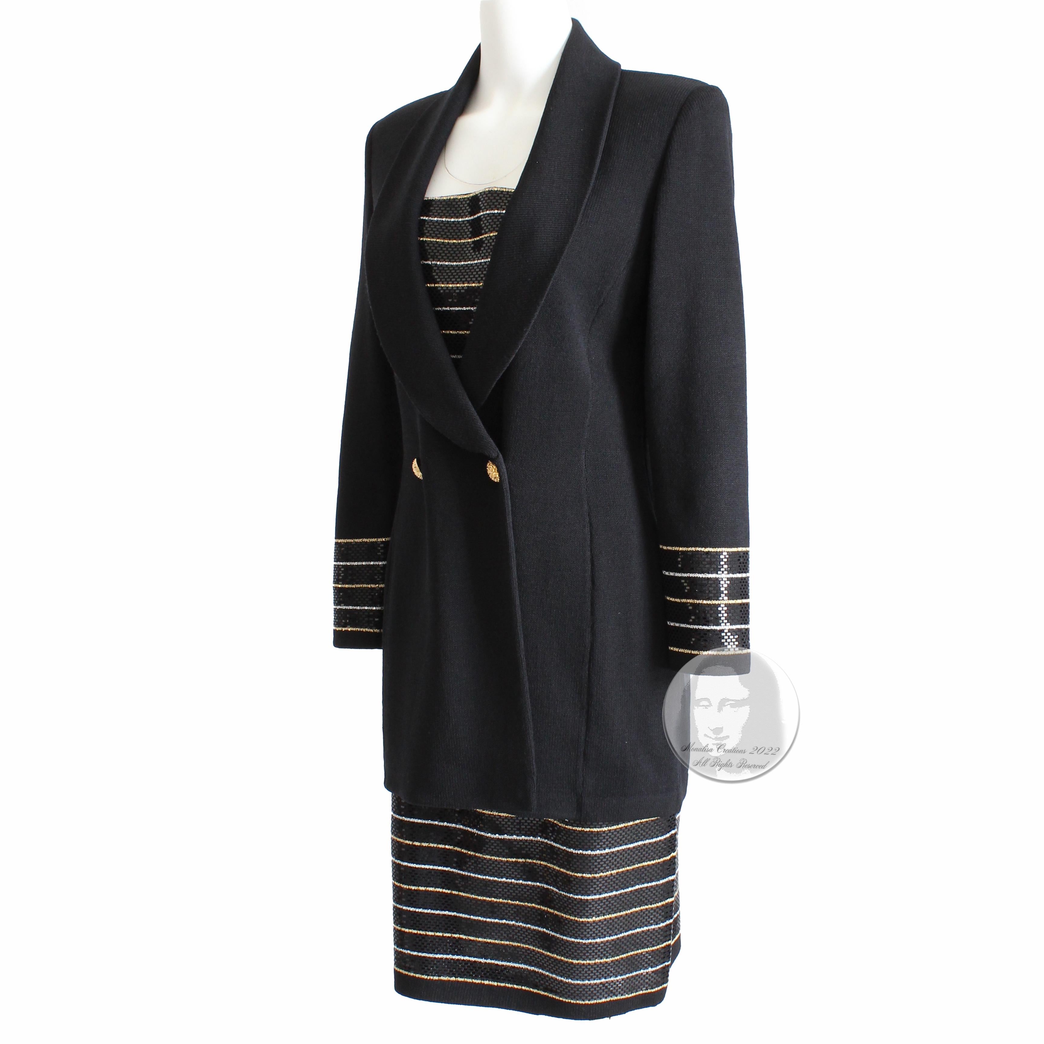 Women's St John Suit Evening 2pc Jacket & Skirt Embellished Knit Black Gold White Sz 6  For Sale