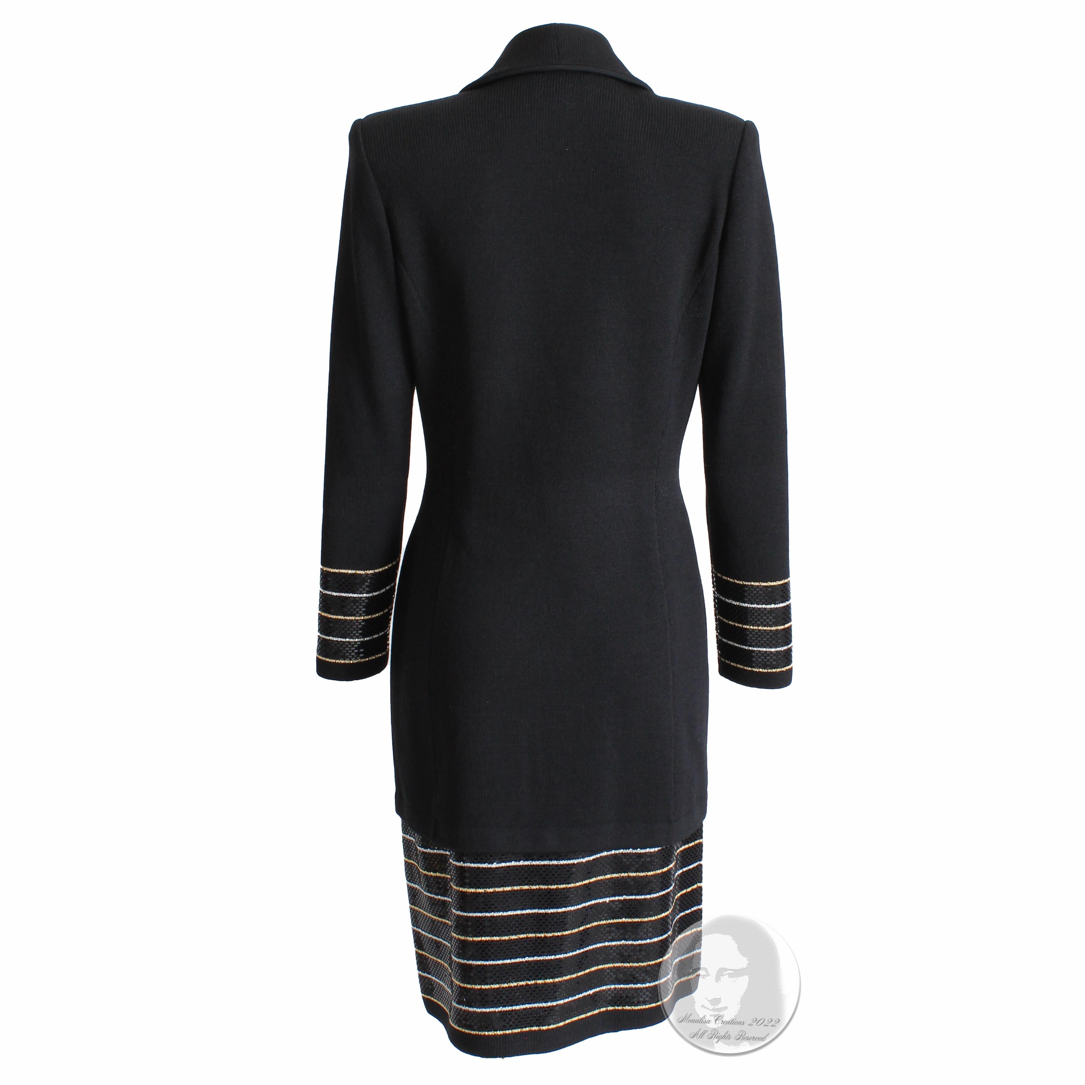 St John Suit Evening 2pc Jacket & Skirt Embellished Knit Black Gold White Sz 6  For Sale 1