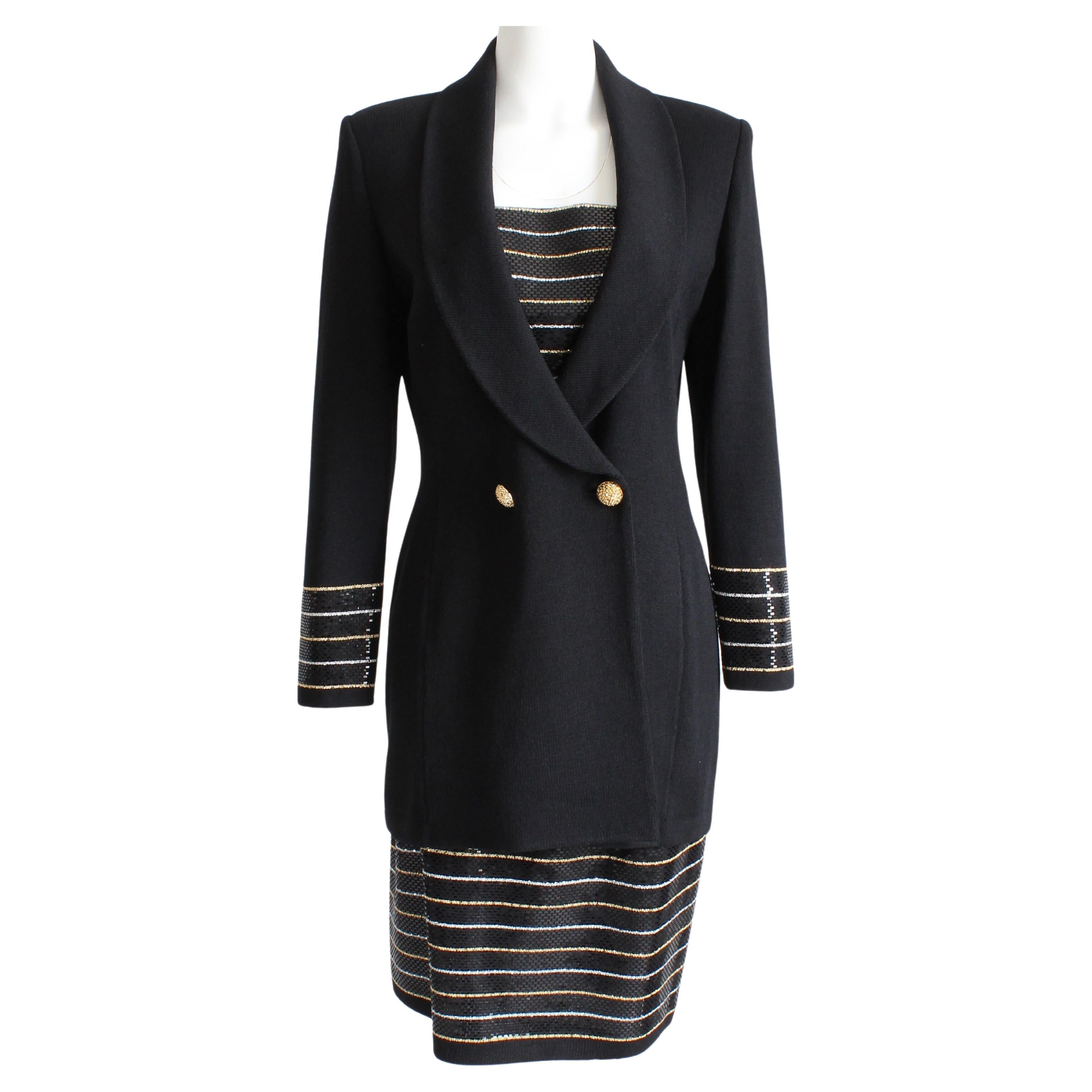 St John Suit Evening 2pc Jacket & Skirt Embellished Knit Black Gold White Sz 6  For Sale