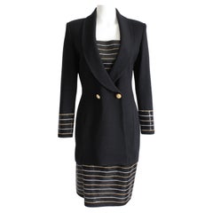 St John Evening Suit 2pc Jacket Skirt Embellished Knit Black Gold White Sz 6 