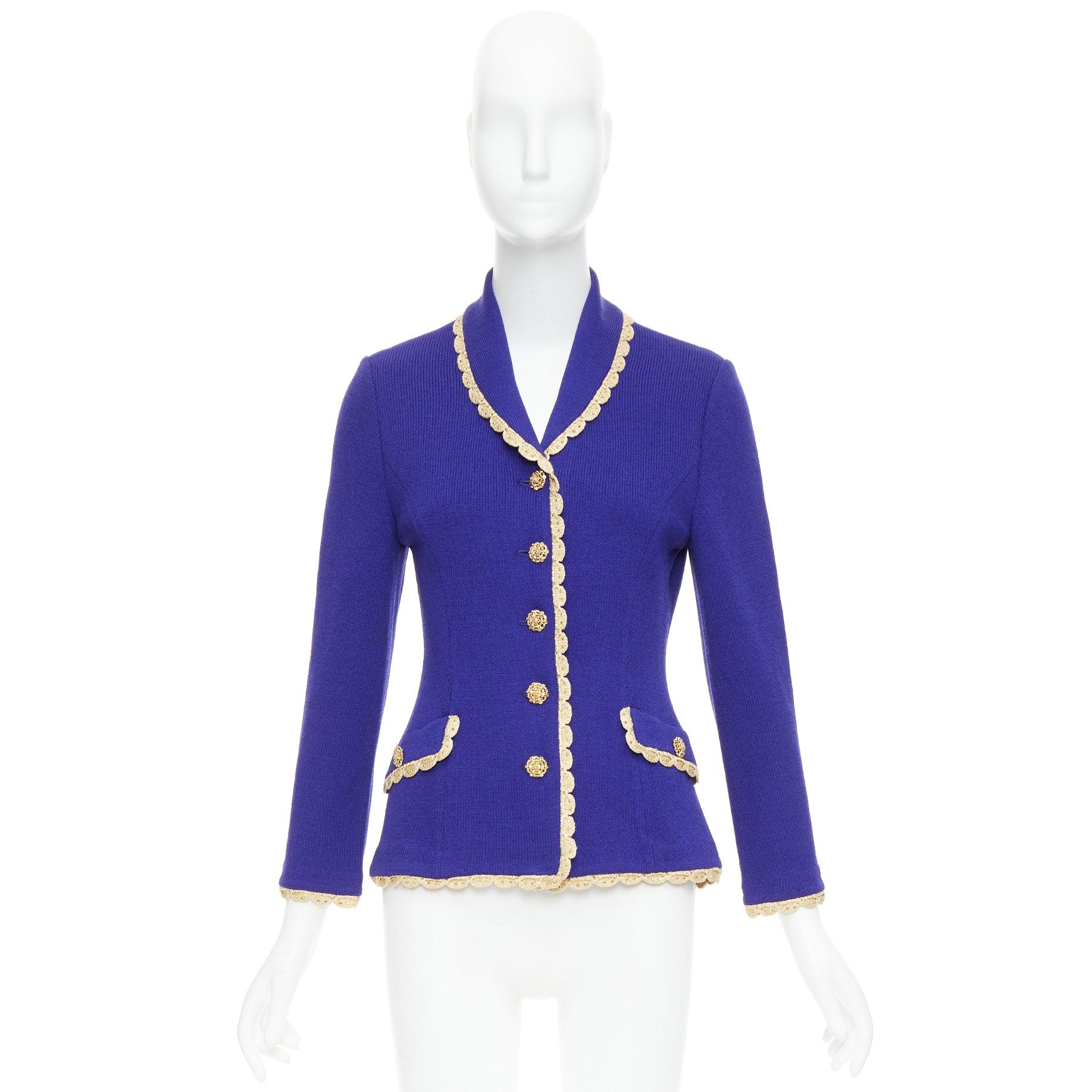 ST JOHN Evening Vintage cobalt blue gold scallop trim jacket US2 S For Sale 5