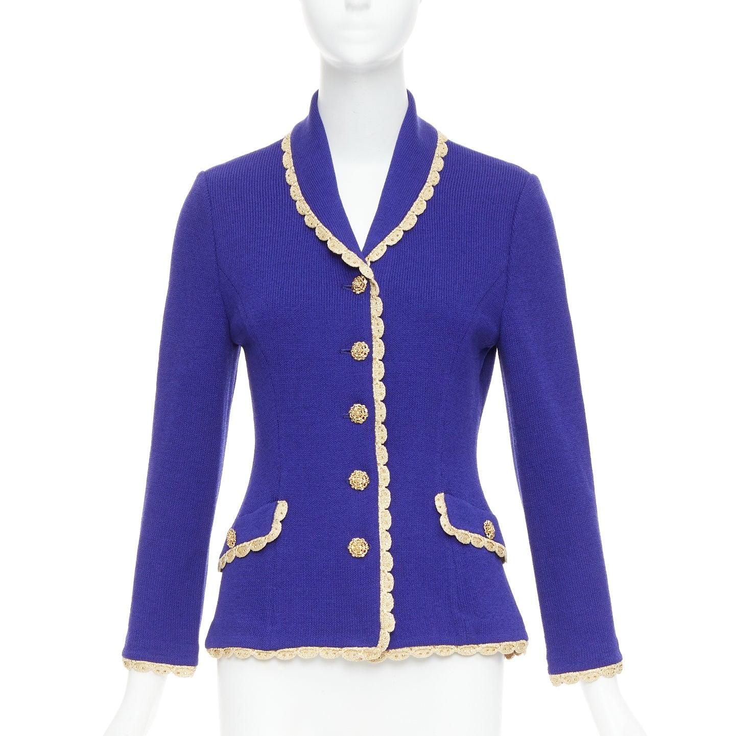 Purple ST JOHN Evening Vintage cobalt blue gold scallop trim jacket US2 S For Sale