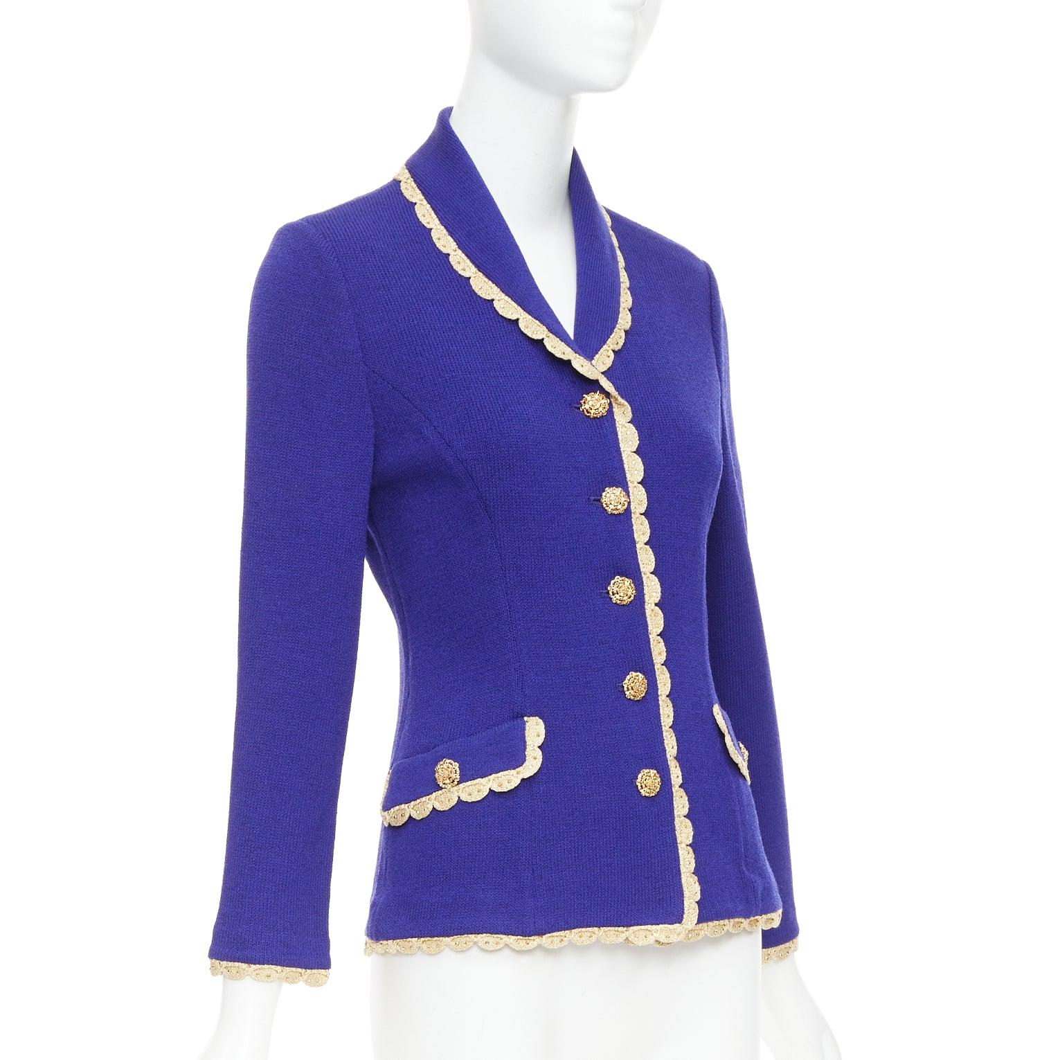 ST JOHN Evening Vintage cobalt blue gold scallop trim jacket US2 S In Excellent Condition For Sale In Hong Kong, NT