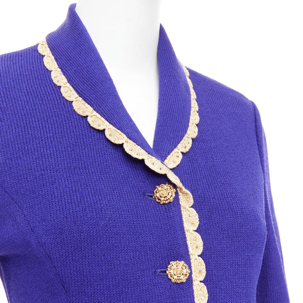ST JOHN Evening Vintage cobalt blue gold scallop trim jacket US2 S For Sale 3