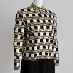 St. John Evening Vintage Embellished Santana Knit Jacket Black Gold White Sz 10