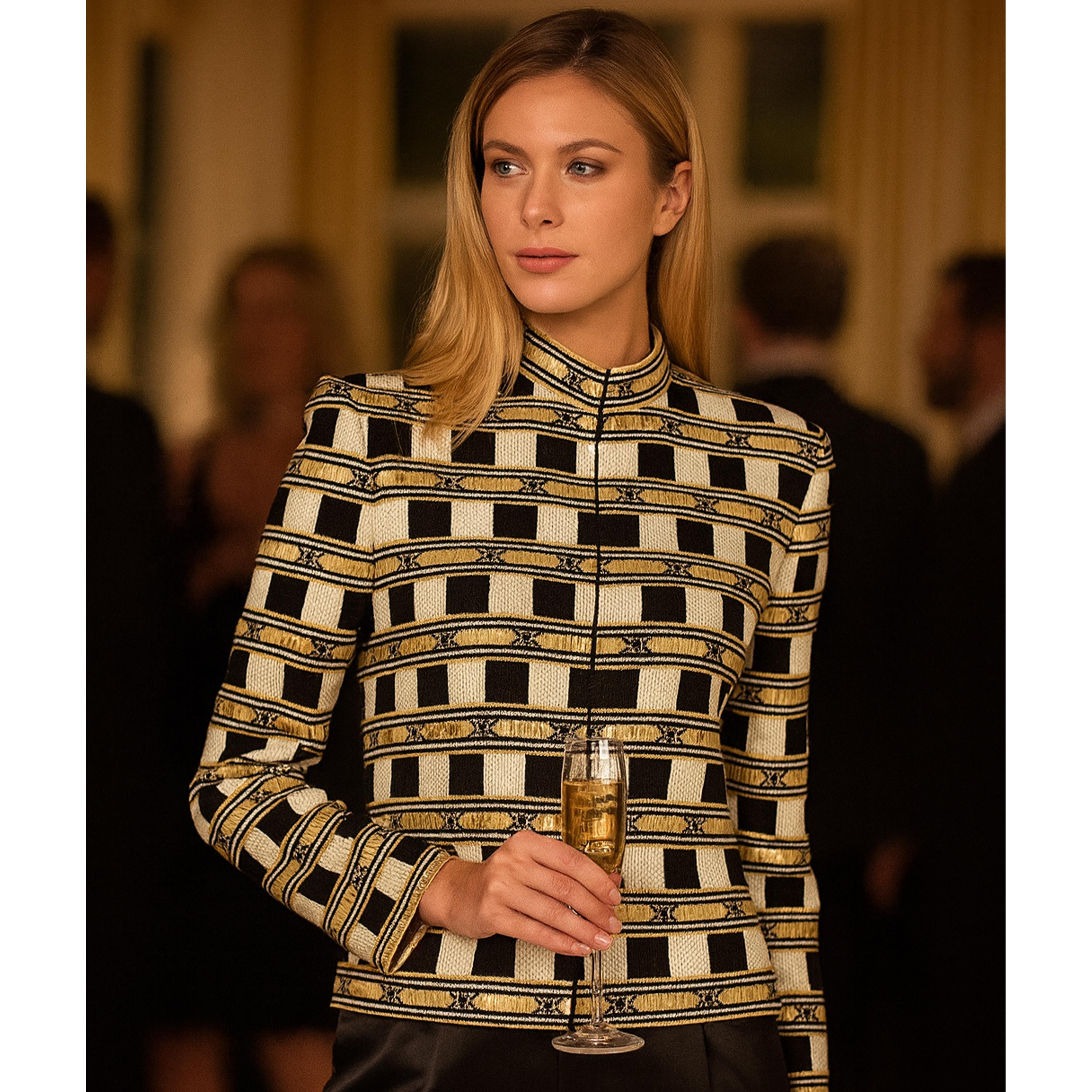 St. John Evening Vintage Embellished Santana Knit Jacket Black Gold White Sz 10 (Beige) im Angebot