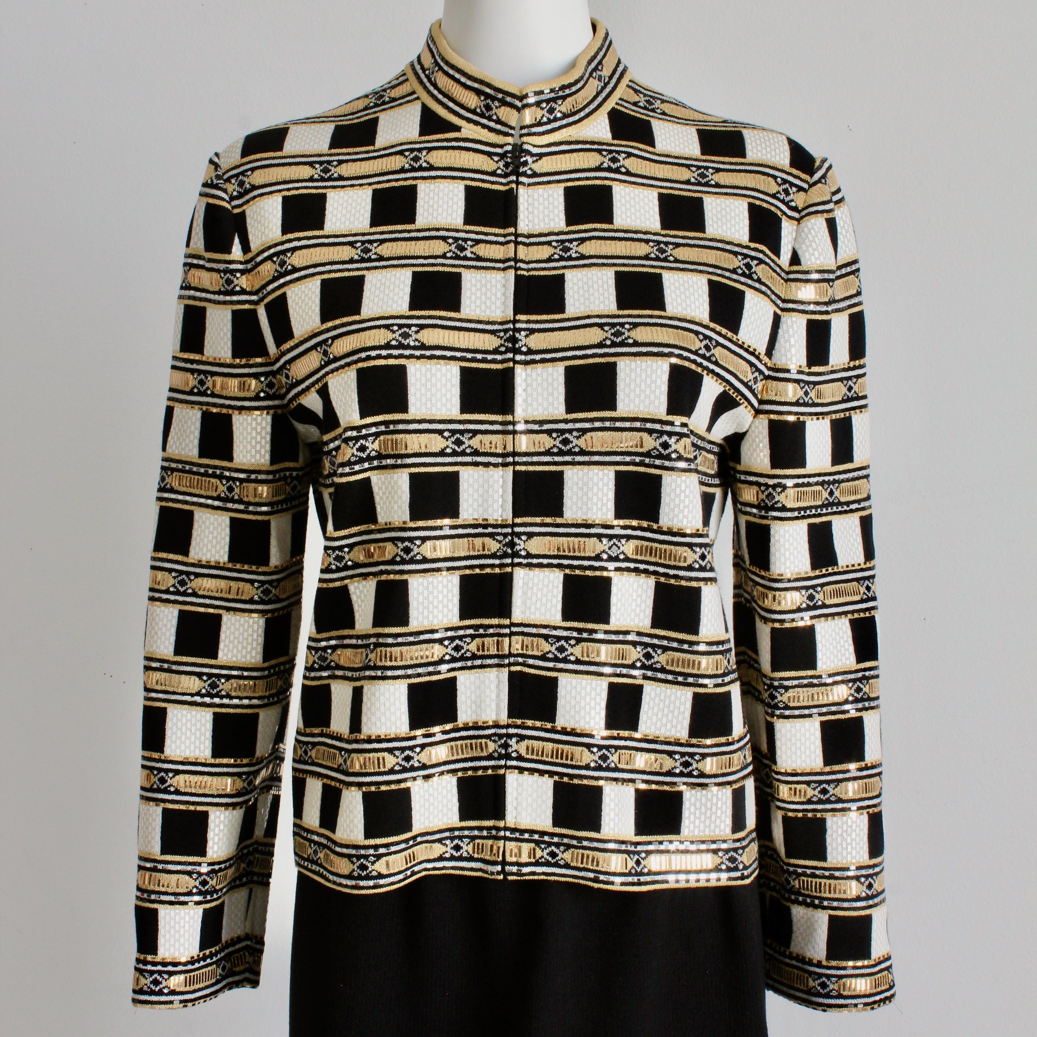St. John Evening Vintage Embellished Santana Knit Jacket Black Gold White Sz 10 im Zustand „Gut“ im Angebot in Port Saint Lucie, FL