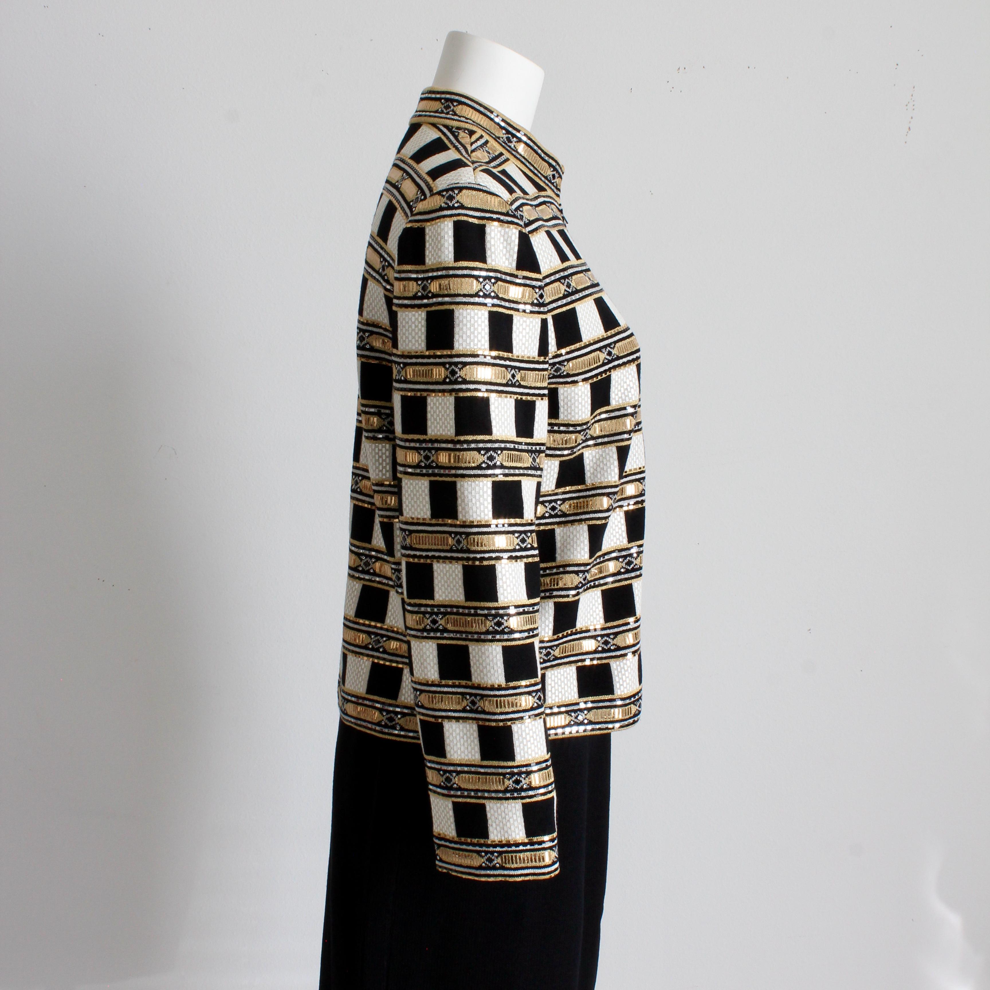 St. John Evening Vintage Embellished Santana Knit Jacket Black Gold White Sz 10 im Angebot 2