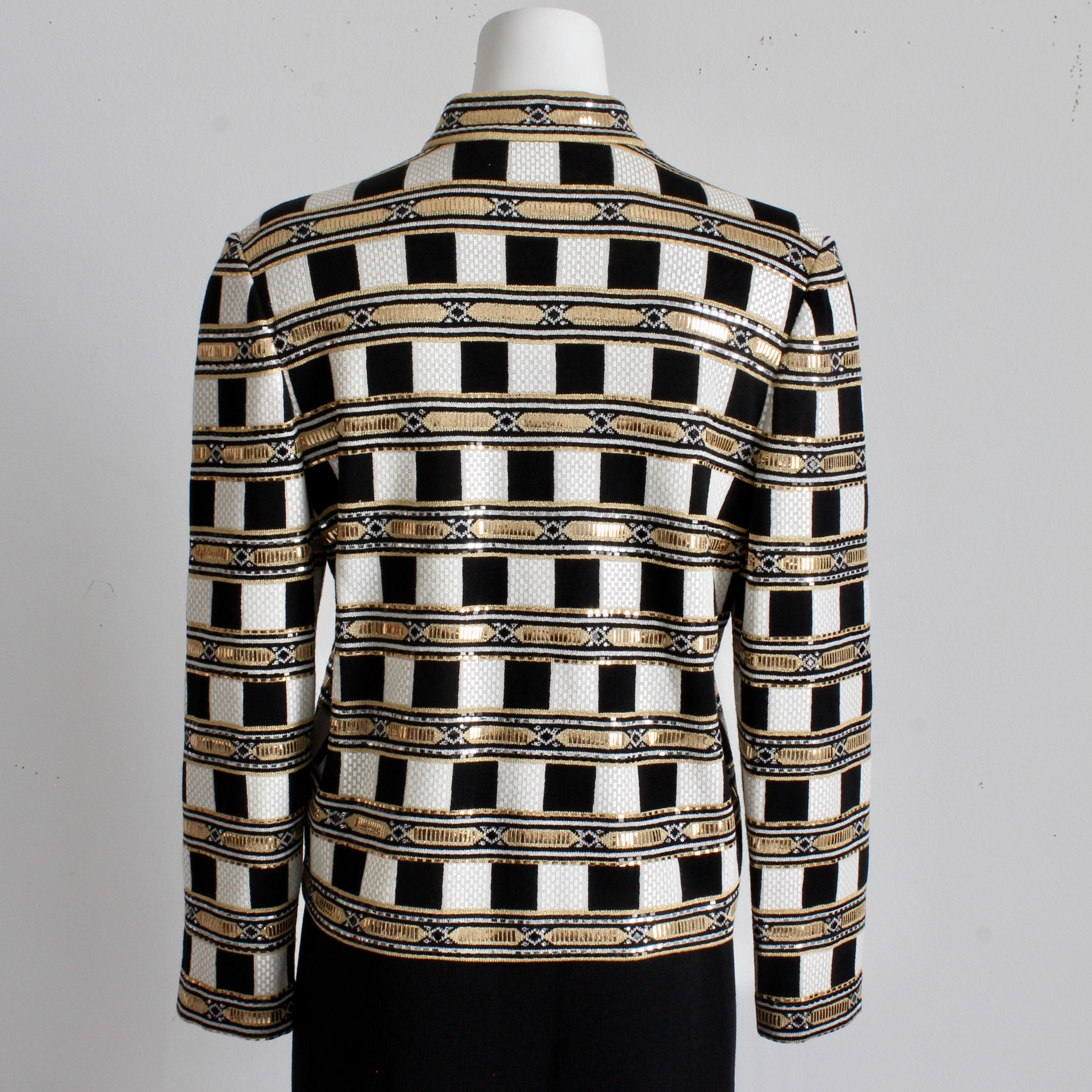 St. John Evening Vintage Embellished Santana Knit Jacket Black Gold White Sz 10 im Angebot 3