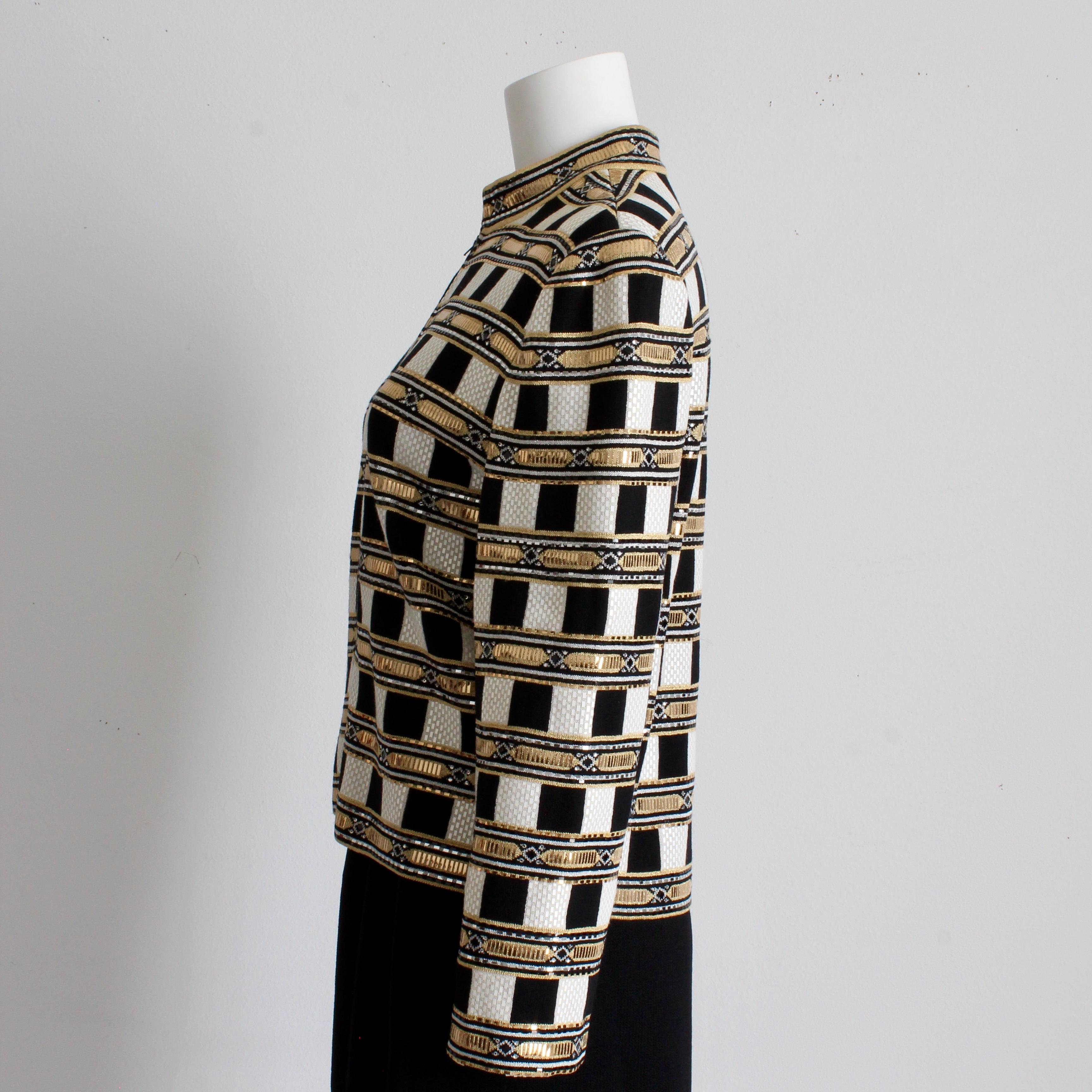 St. John Evening Vintage Embellished Santana Knit Jacket Black Gold White Sz 10 im Angebot 4