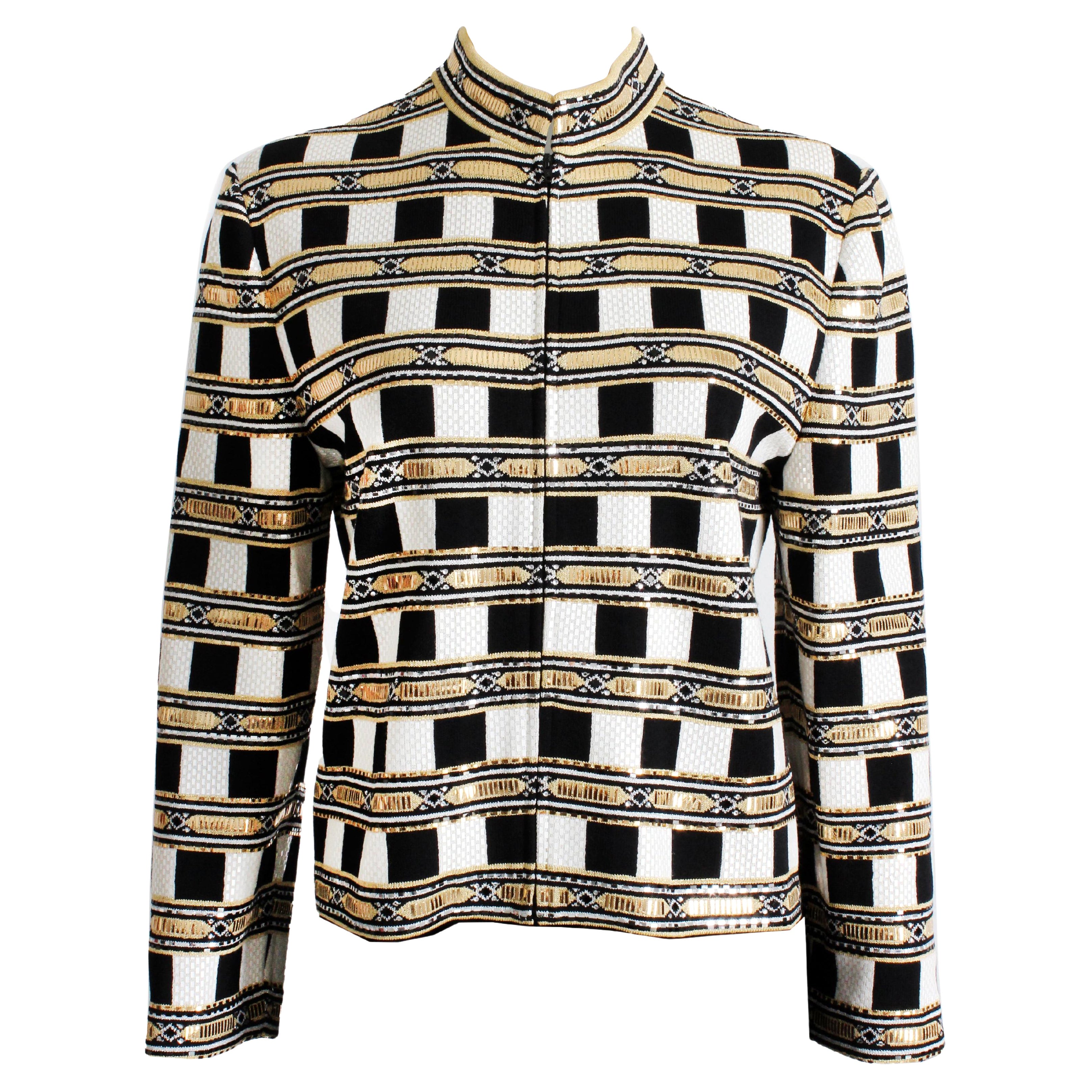 St. John Evening Vintage Embellished Santana Knit Jacket Black Gold White Sz 10 im Angebot