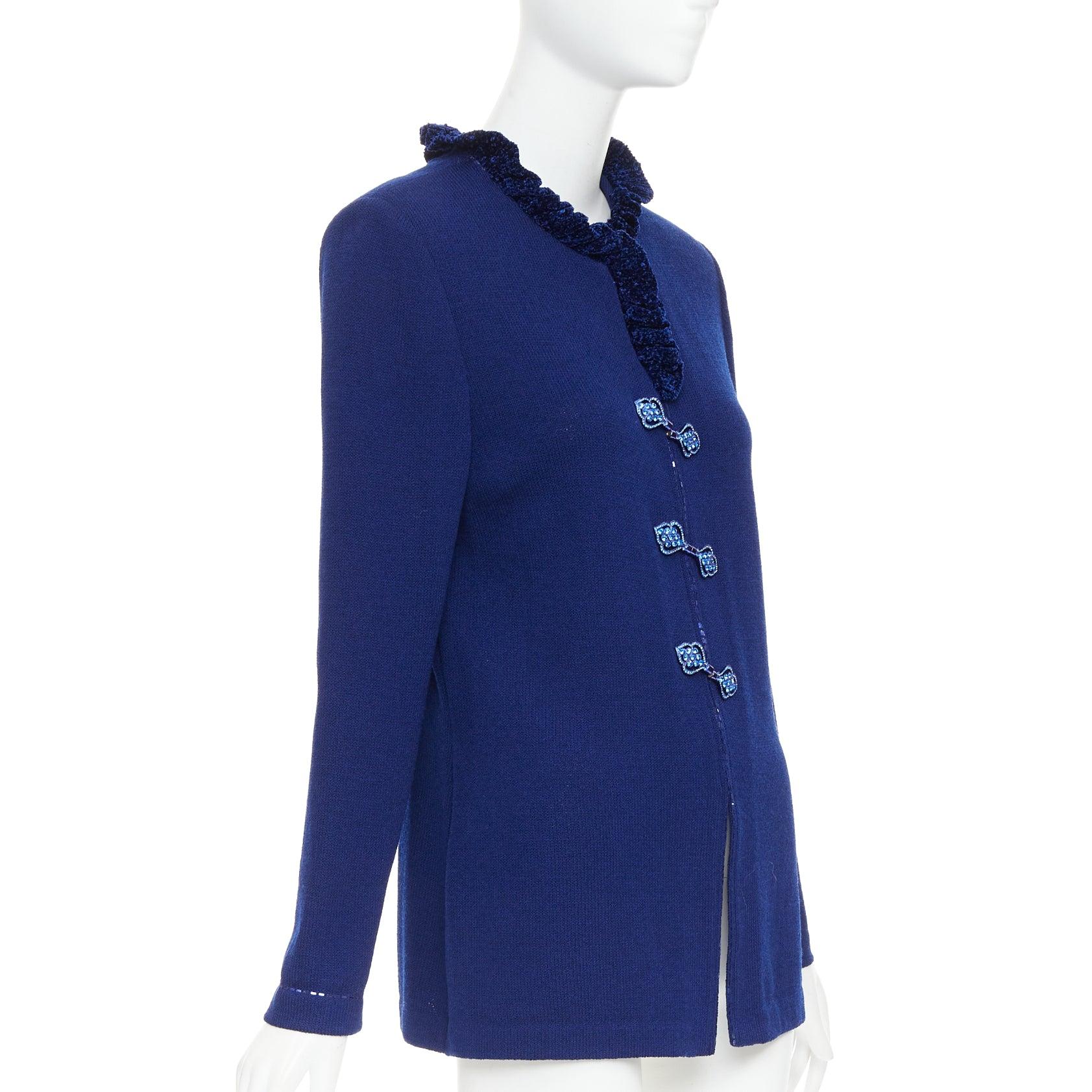 ST JOHN Evening Vintage royal blue crystal chinoiserie cardigan coat US10 XL In Fair Condition For Sale In Hong Kong, NT