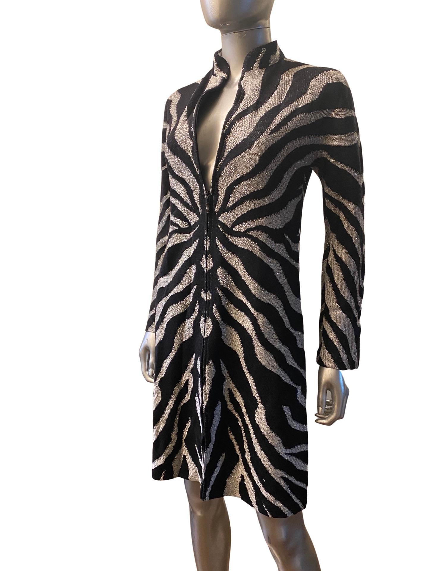 St John Evening Zebra Knit Zip Front Dress with Silver Beading Size 2 NWT For Sale 2