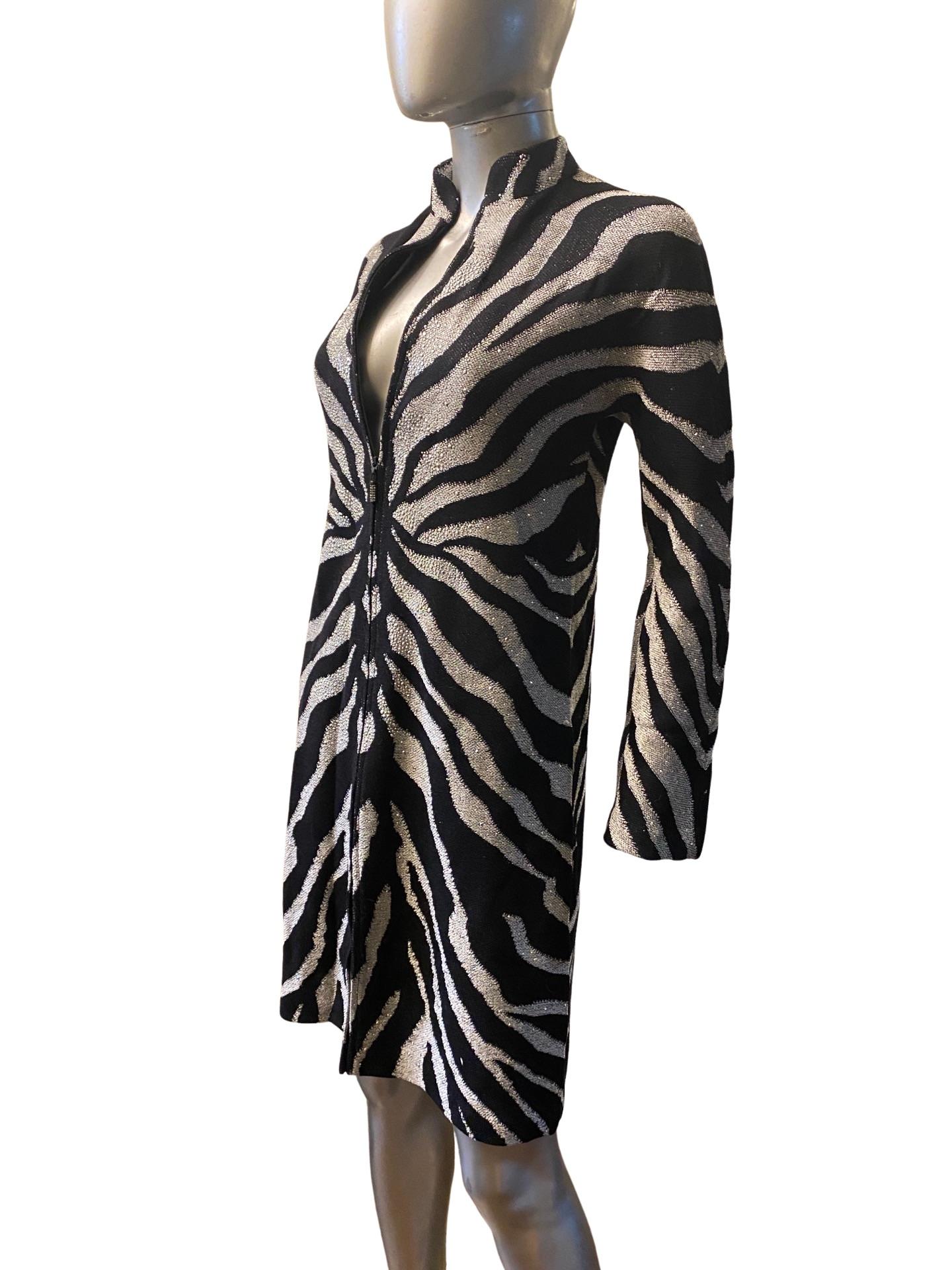 St John Evening Zebra Knit Zip Front Dress with Silver Beading Size 2 NWT For Sale 4