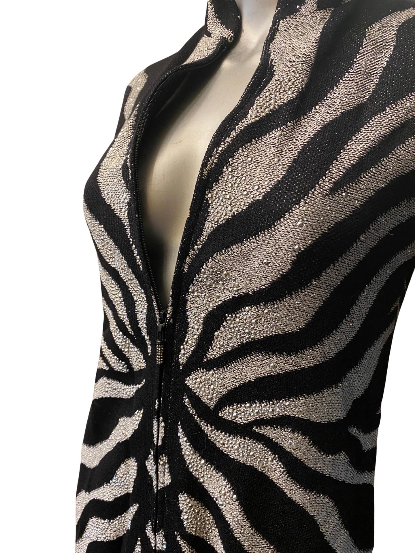 St John Evening Zebra Knit Zip Front Dress with Silver Beading Size 2 NWT For Sale 5
