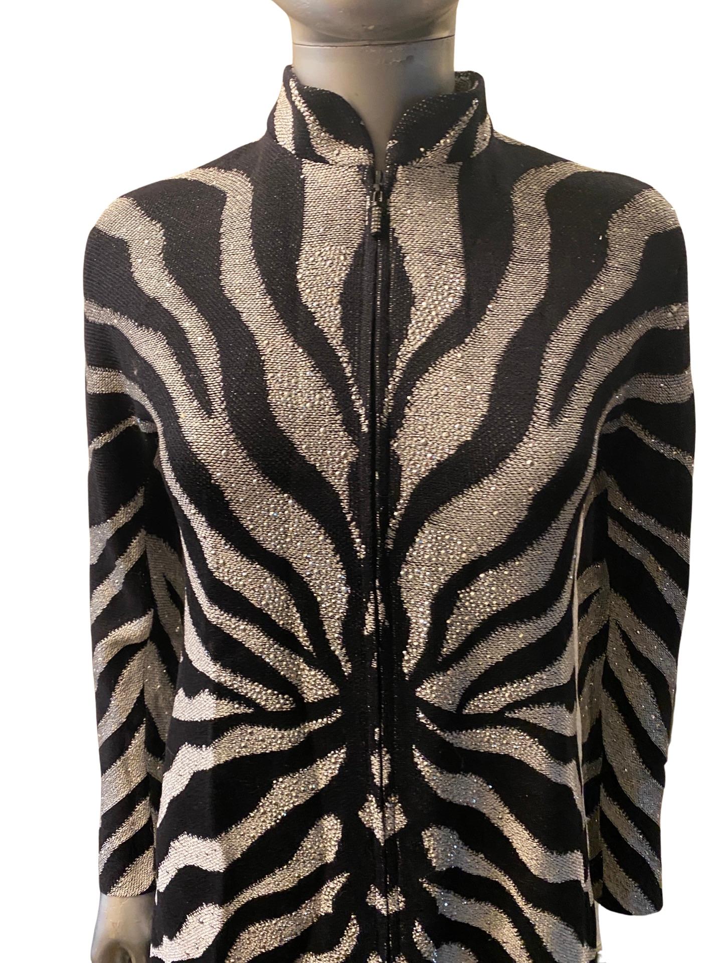 St John Evening Zebra Knit Zip Front Dress with Silver Beading Size 2 NWT For Sale 7