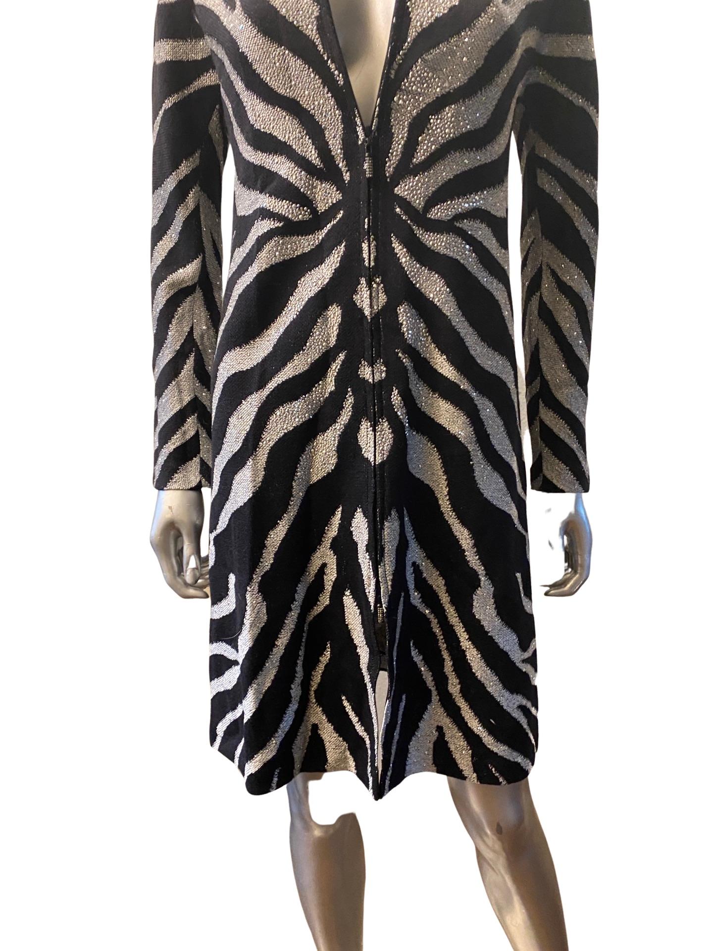 Black St John Evening Zebra Knit Zip Front Dress with Silver Beading Size 2 NWT For Sale