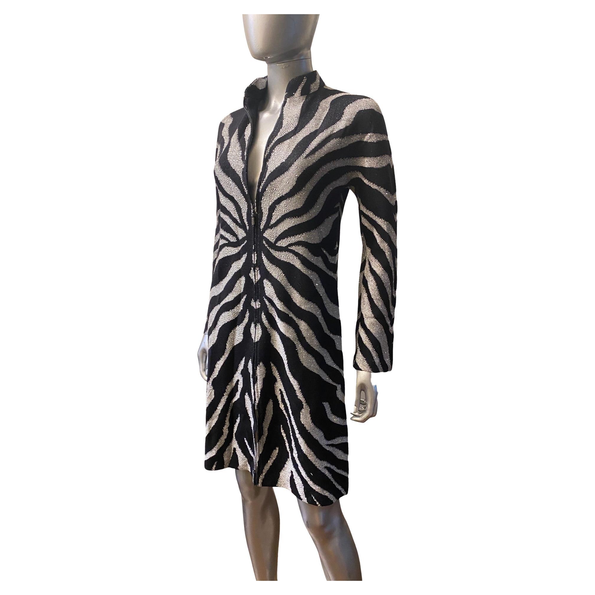 St John Evening Zebra Knit Zip Front Dress with Silver Beading Size 2 NWT For Sale