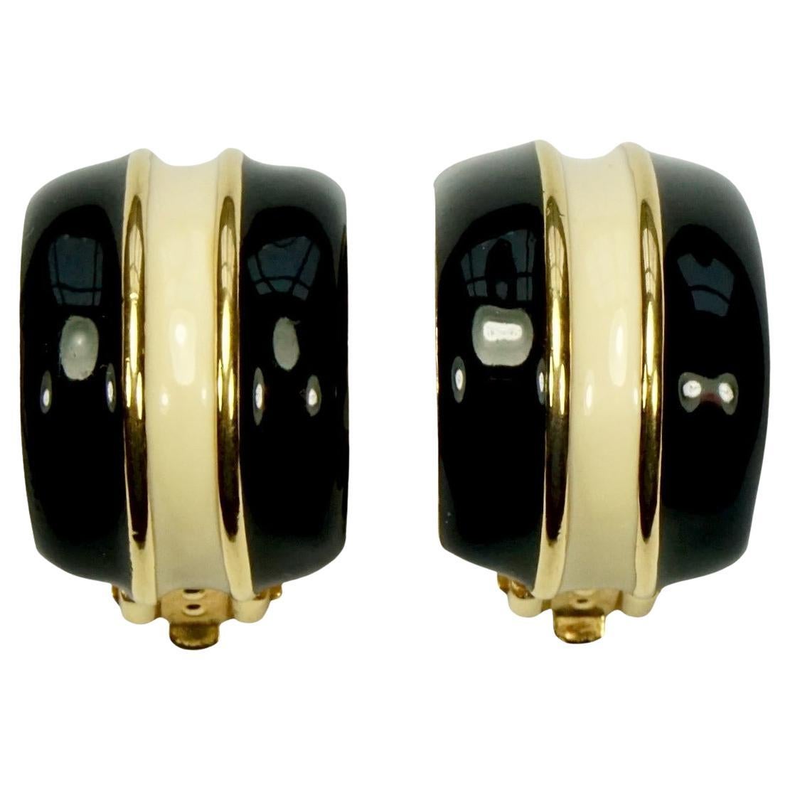 St John Gold Plated Black and Cream Enamel Half Hoop Clip On Earrings