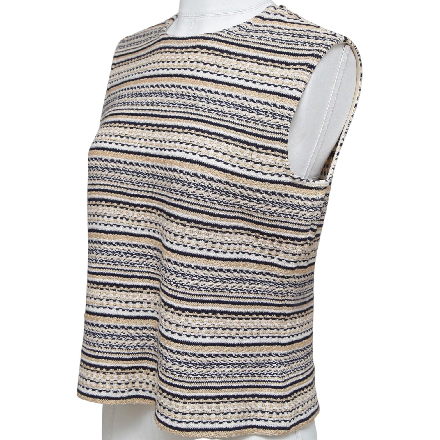 Gray ST. JOHN Knit Sweater Shell Sleeveless Striped Black White Tan Gold Sz M For Sale