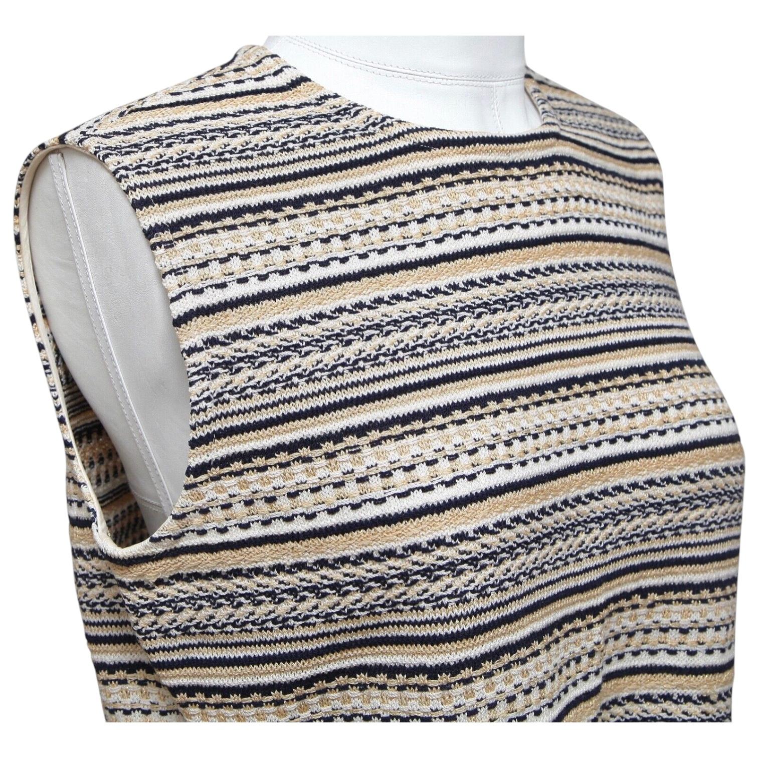 ST. JOHN Knit Sweater Shell Sleeveless Striped Black White Tan Gold Sz M In Good Condition For Sale In Hollywood, FL