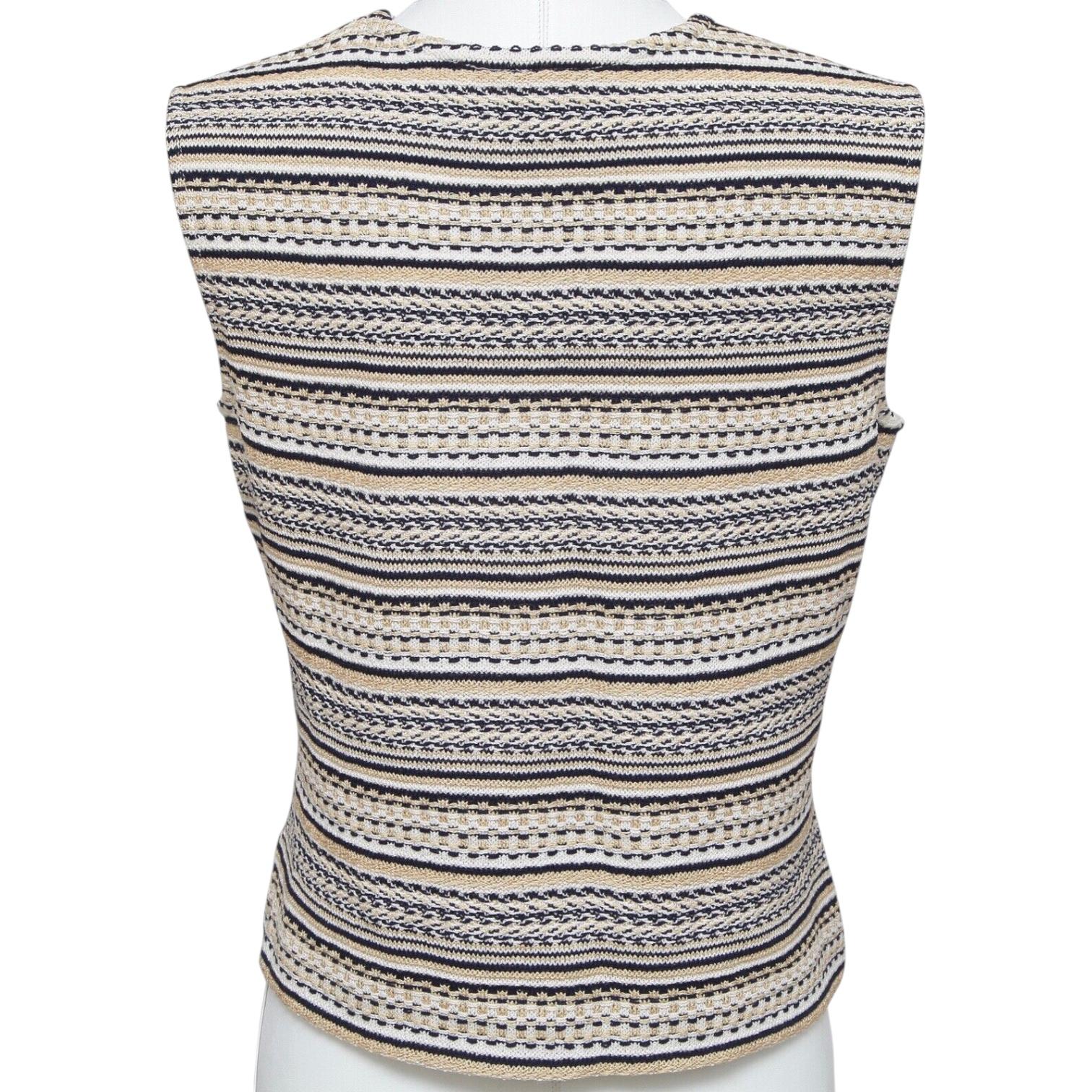 ST. JOHN Knit Sweater Shell Sleeveless Striped Black White Tan Gold Sz M For Sale 2