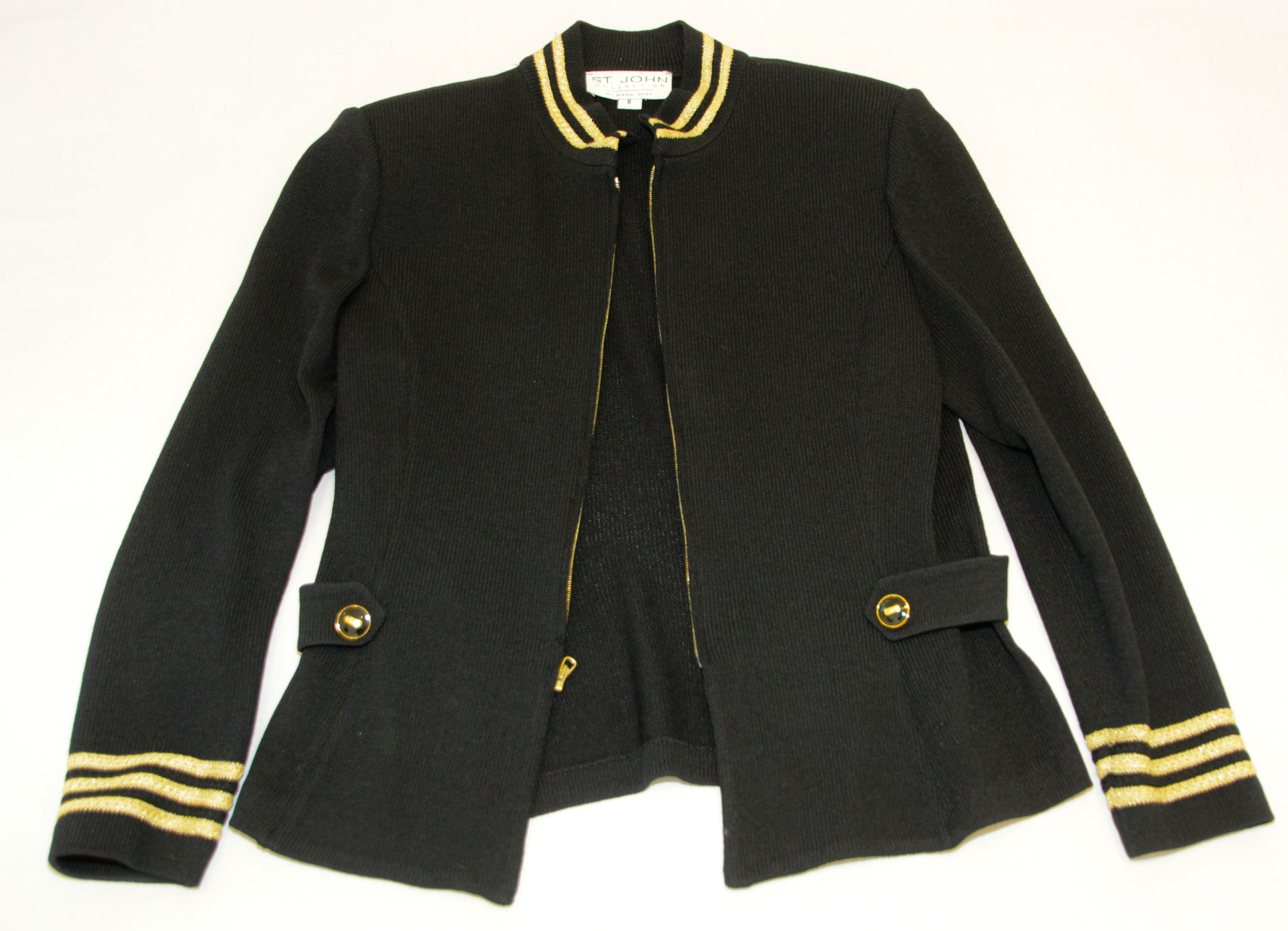 St. John Military Blazer Knit Jacket 1990's Black and Gold For Sale 4